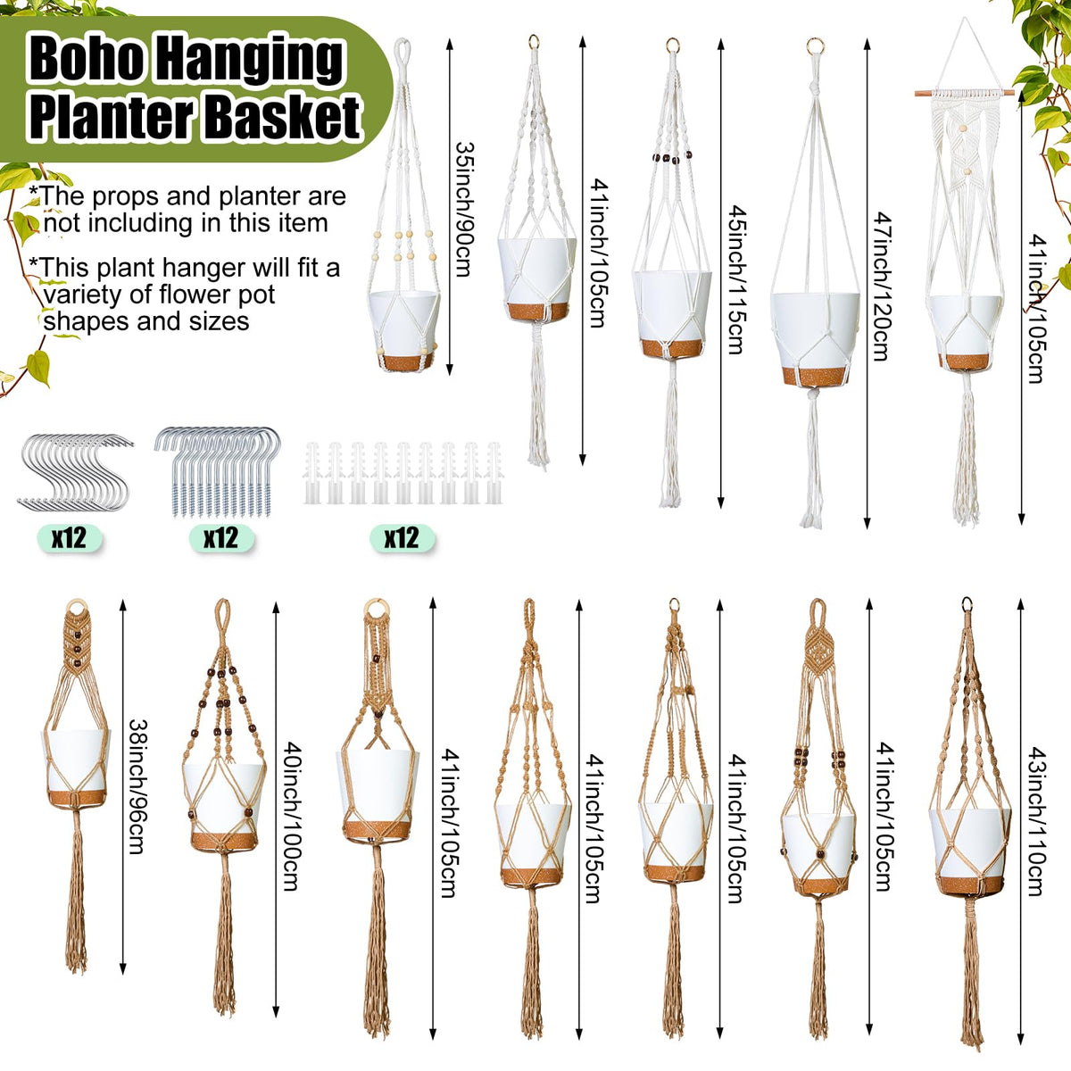 Hoteam 12 Pcs Macrame Plant Hangers Macrame Hanging Planters for Indoor Plants Handmade Boho Hanging Baskets Flower Pots Holder for Outdoor Home Wall Decor(Beige, Brown)