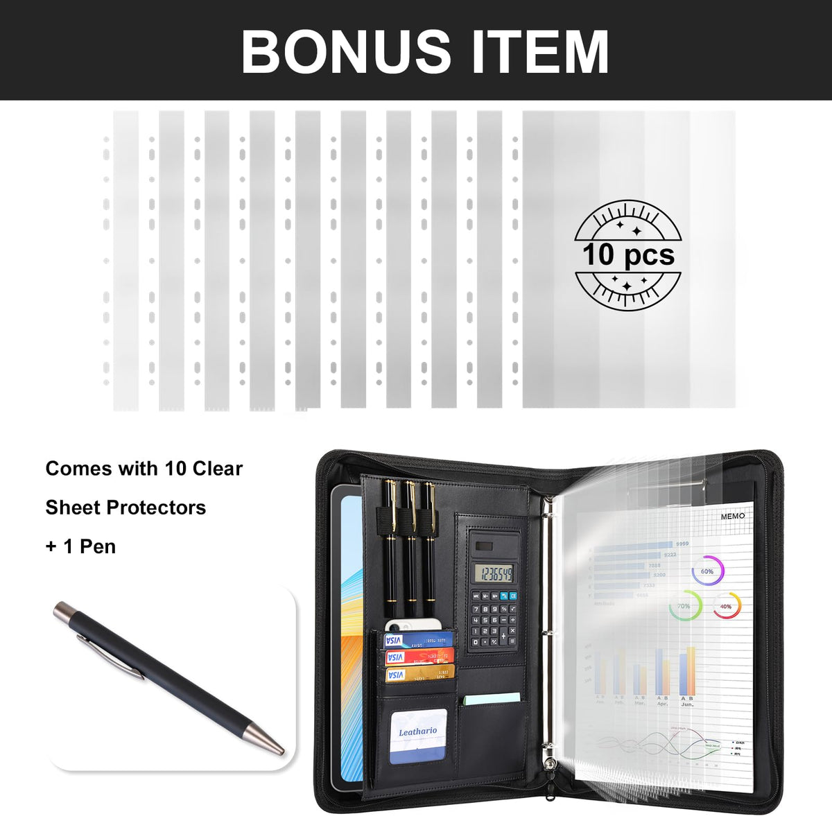 Leathario Portfolio Binder, Includes 10 Sheet Protectors and a Pen, 13 Inch Tablets Organizer, Vegan Leather A4 Padfolio, Multi-Pocket Notepad Business Planner Professional 3 Ring Document