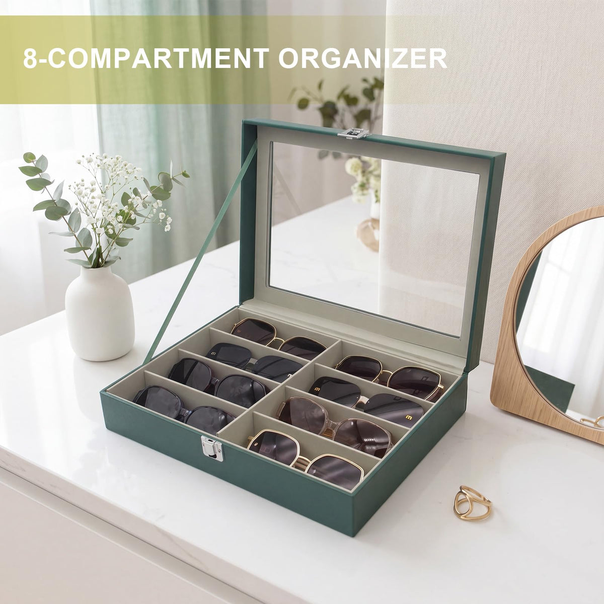 CECOBAG 8 Slots Sunglass Organizer with Clear Top Lid – PU Leather Glasses Case Display Tray, Removable Dividers, Also Suitable for Jewelry Storage-Green