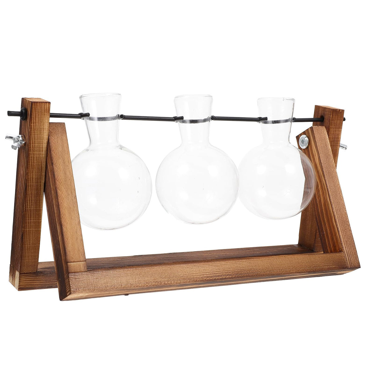 SEWACC Hydroponic Glass Planter with Wooden Stand, Desktop Flower Vase for Indoor Plant Display, Office and Home Table Decoration, Glass Flower Pot Terrarium Container