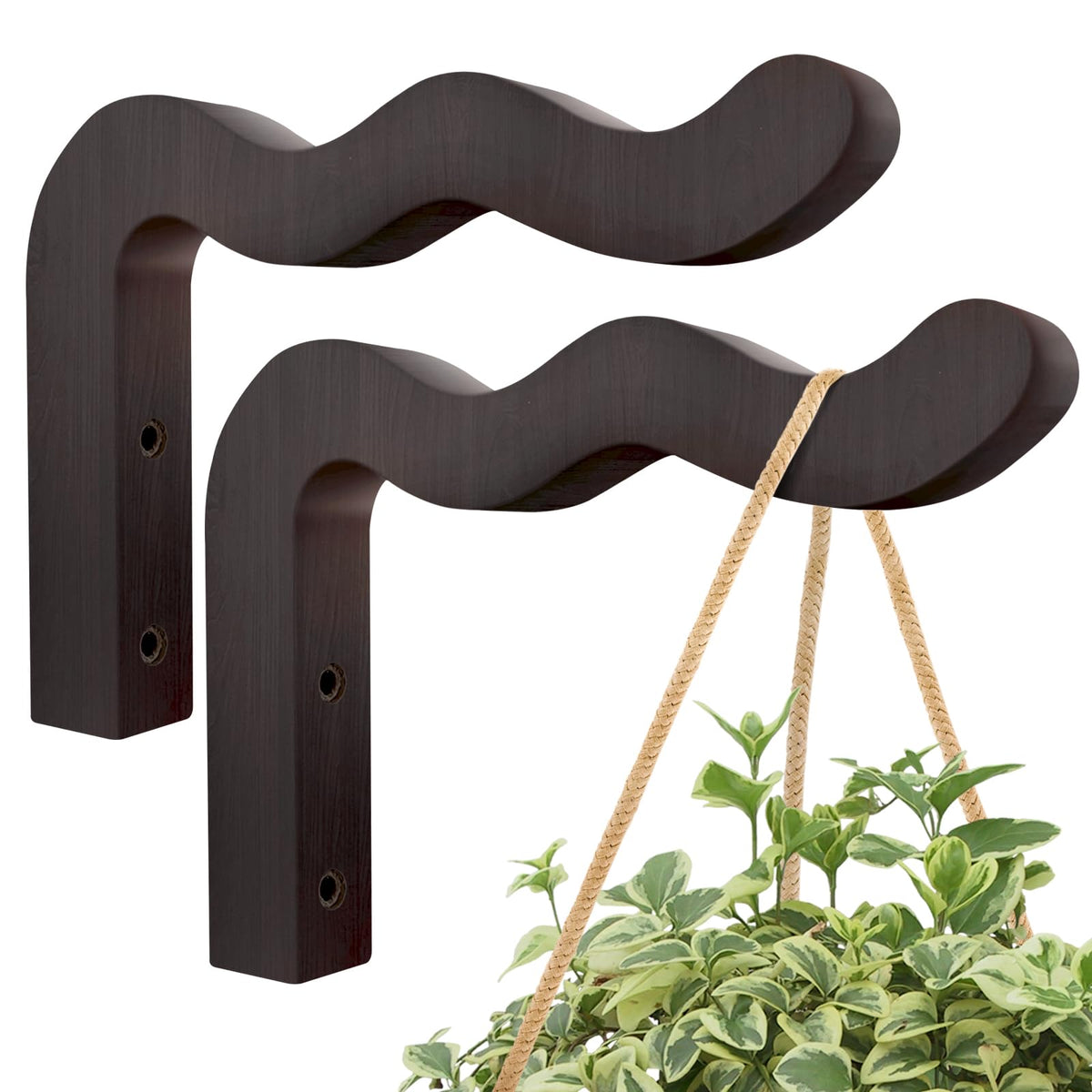 DSJIFGEW Wavy Plant Hanger Hooks – 2 Pack Rustic Wooden Wall Mounts for Indoor/Outdoor Use, Ideal for Hanging Baskets, Lanterns, and Bird Feeders – Decorative Brackets for Patio and Balcony