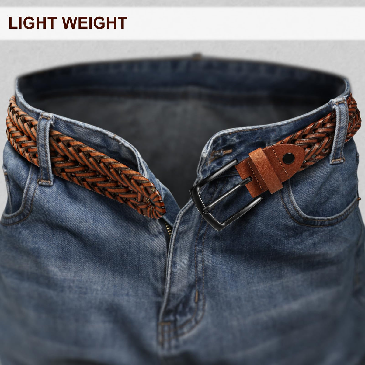 KEMISANT Men Belt, Braided Belt Comfortable For Men Casual Jean Golf 1 3/8"(Light Brown,32"-36" Waist Adjustable)