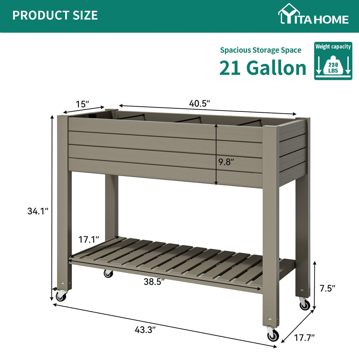 YITAHOME 3.6x1.5x2.8 FT Elevated Garden Bed Kit with Legs and Wheels, Outdoor Large Resin Planter Box Stand with Drain Plug and Storage Shelf for Plants Vegetables Fruits, Light Brown