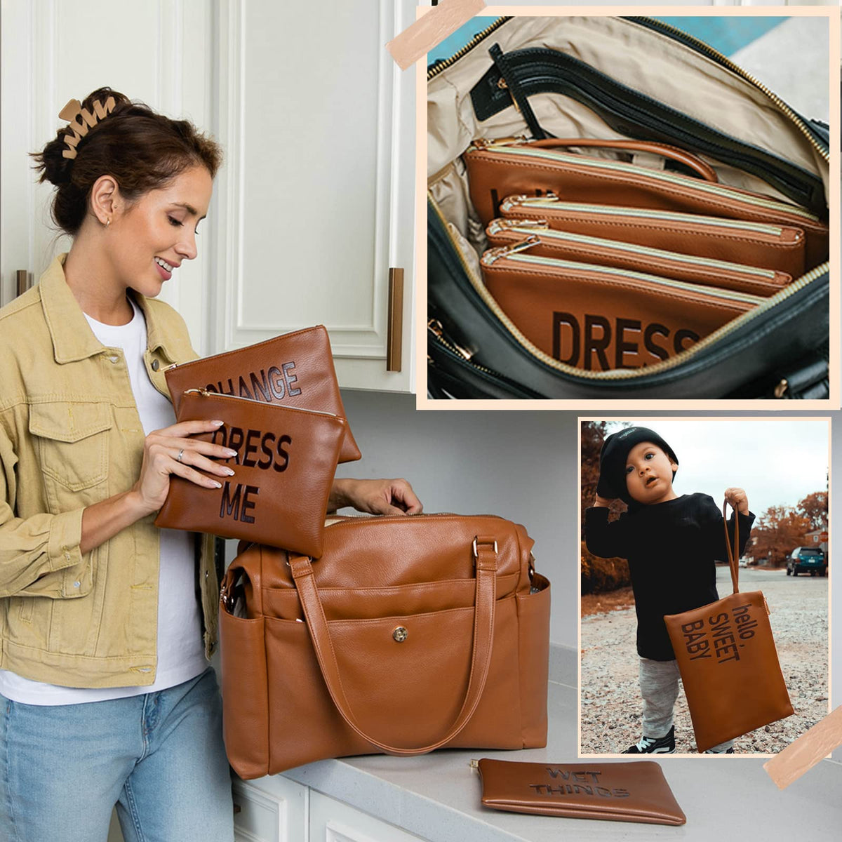 Omanmoli Diaper Bag Organizing Pouches,Leather Diaper Bag Organizer,Diaper Essential items, Dry Wet Bags for Baby,Diaper Organization (Brown)