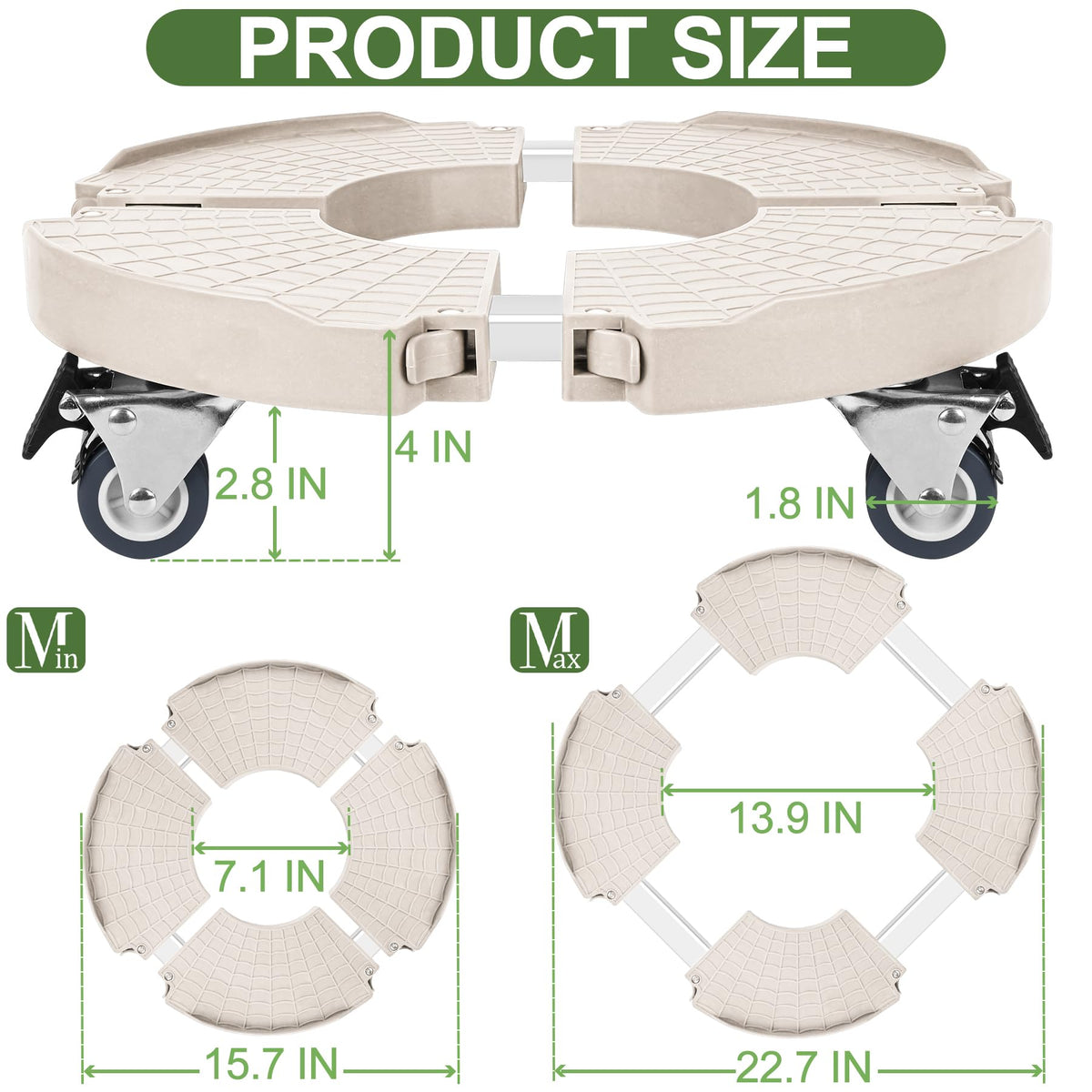 ToLanbbt Plant Caddy Stand with 360° Wheels Adjustable 15-22 Inch Rolling Stand Heavy Duty Large Plant Cart Dolly with Casters 440lbs Capacity for Large Planter, Garden Pot, Flower Pot, Beige, 1 Pack