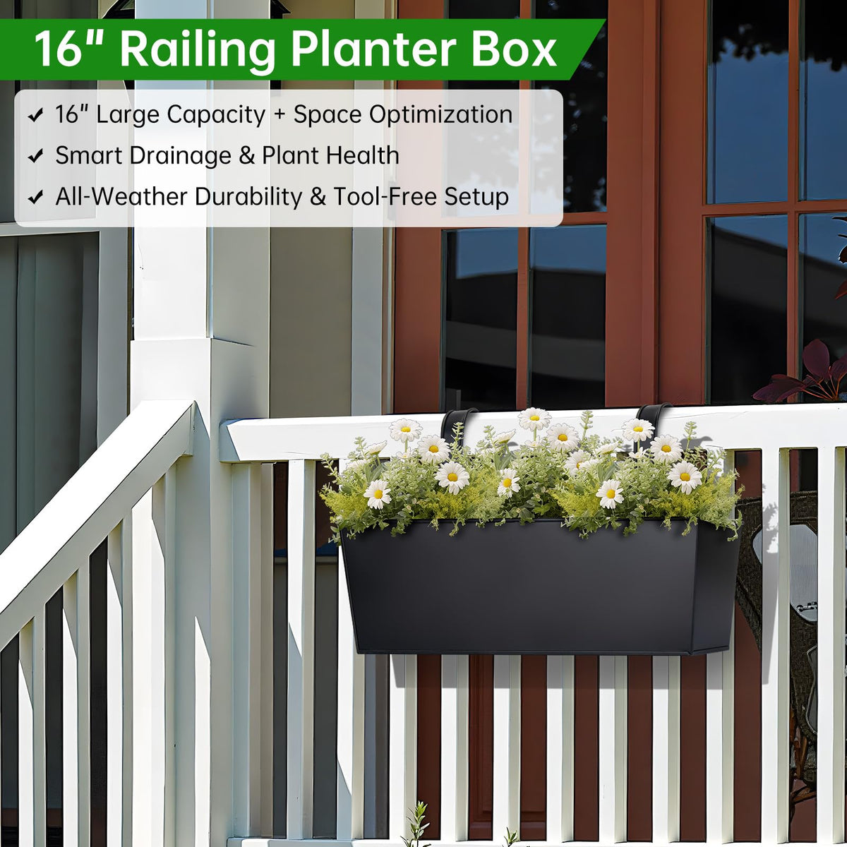 OGIMA 16-Inch Railing Planter Box, 3 Pack Large Hanging Planters for Outdoor Plants with Detachable Wide Hooks for 2.7'' Railings - Balcony Planters Railing Hanging for Deck, Fence & Patio Decor