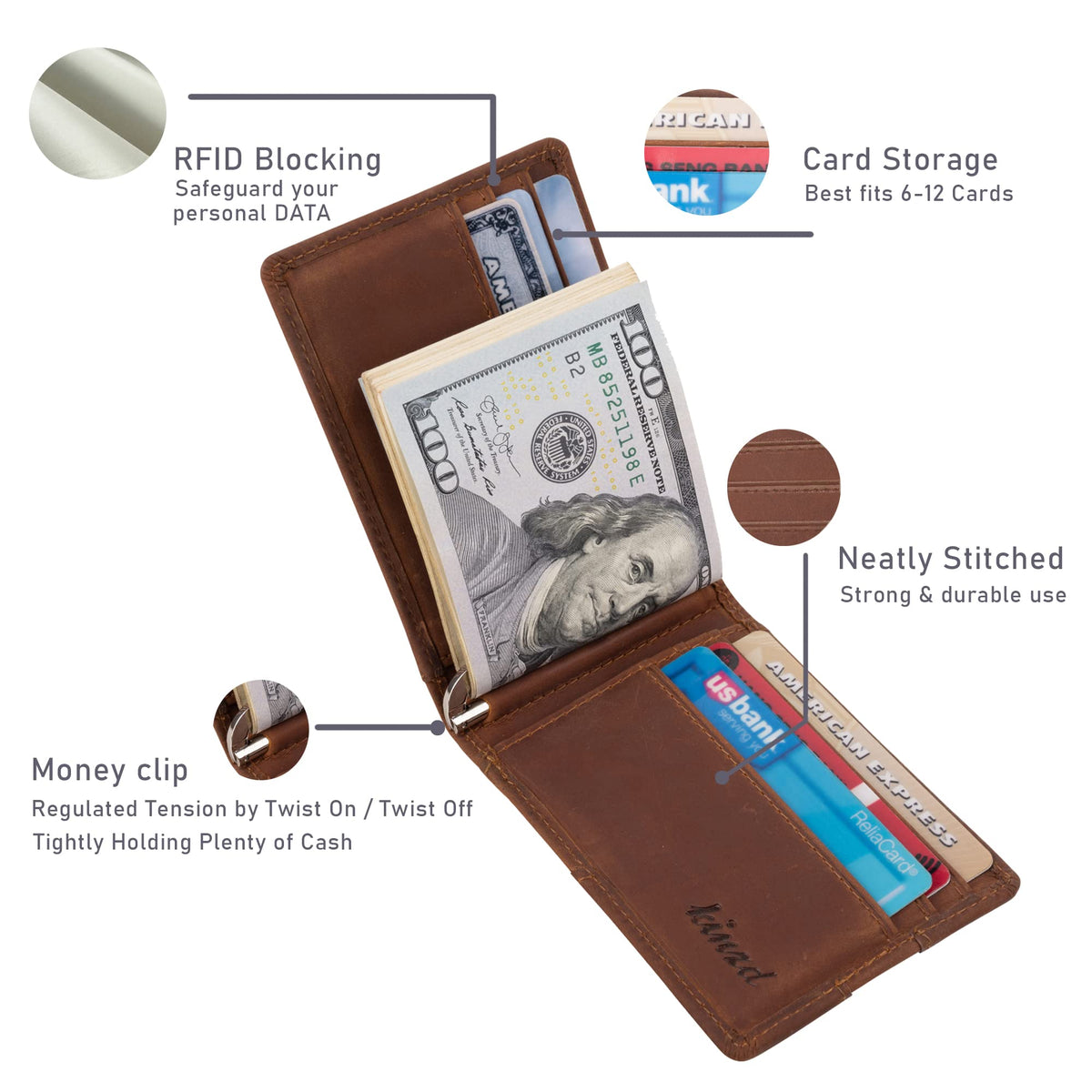 kinzd Slim Wallet with Money Clip RFID Blocking Minimalist Bifold Wallet for Men Genuine Leather Front Pocket Card Holder
