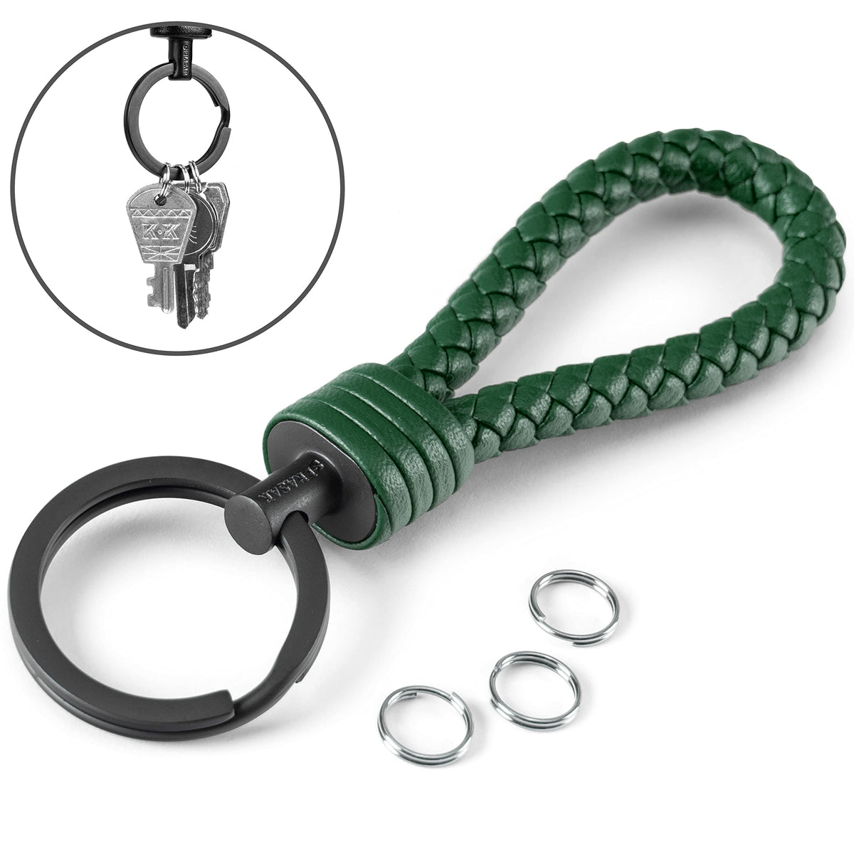 SERASAR Leather Cord Stainless Steel Key Chain Additional Rings Small Keys Ideal Car, Motorcycle, Bicycle House Keychain Gift Box