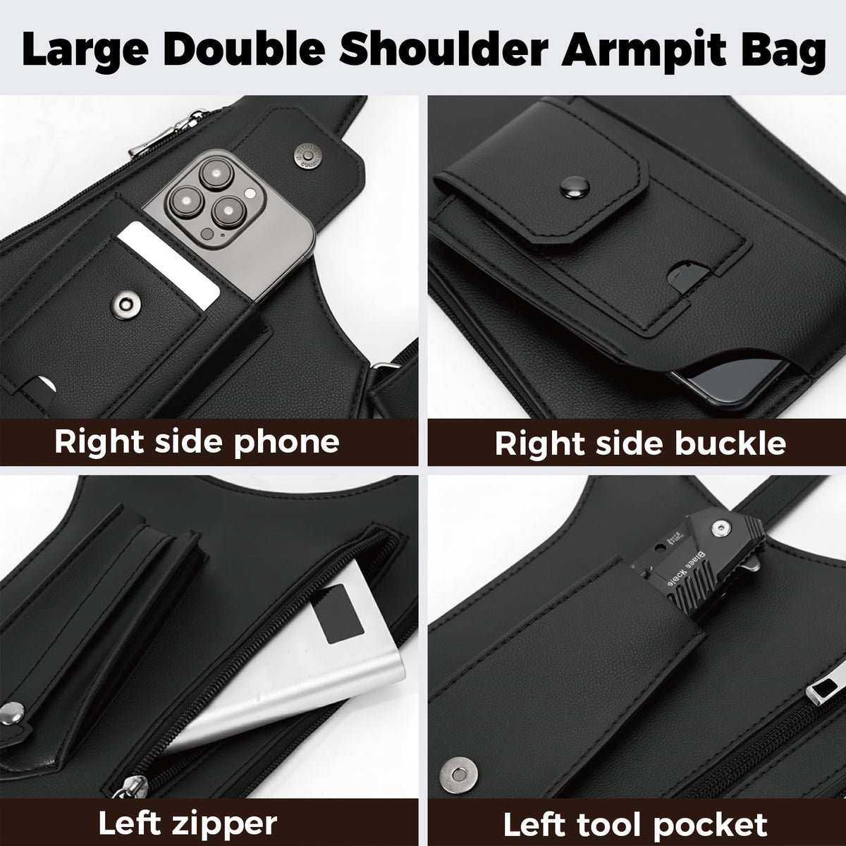 ECGER Large Double Shoulder Armpit Bag - Underarm Holster for Men, Anti-Theft Concealed Crossbody Wallet|phone Pouch for Outdoor Travel Cycling Work, Premium PU Leather (Black Armpit Bag)