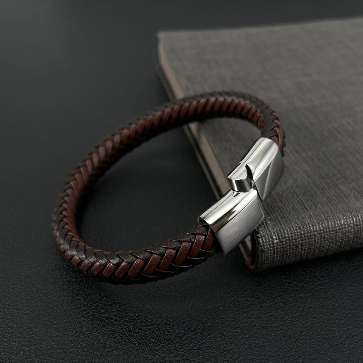 Kim Carrey Italian Handmade Genuine Leather Bracelets for Men Stainless Steel Clip, Men's Casual Genuine Multi-layer Cuff Bracelet, Bracelet Gift for Real Men (8.6" Large Size Black Brown Weave)