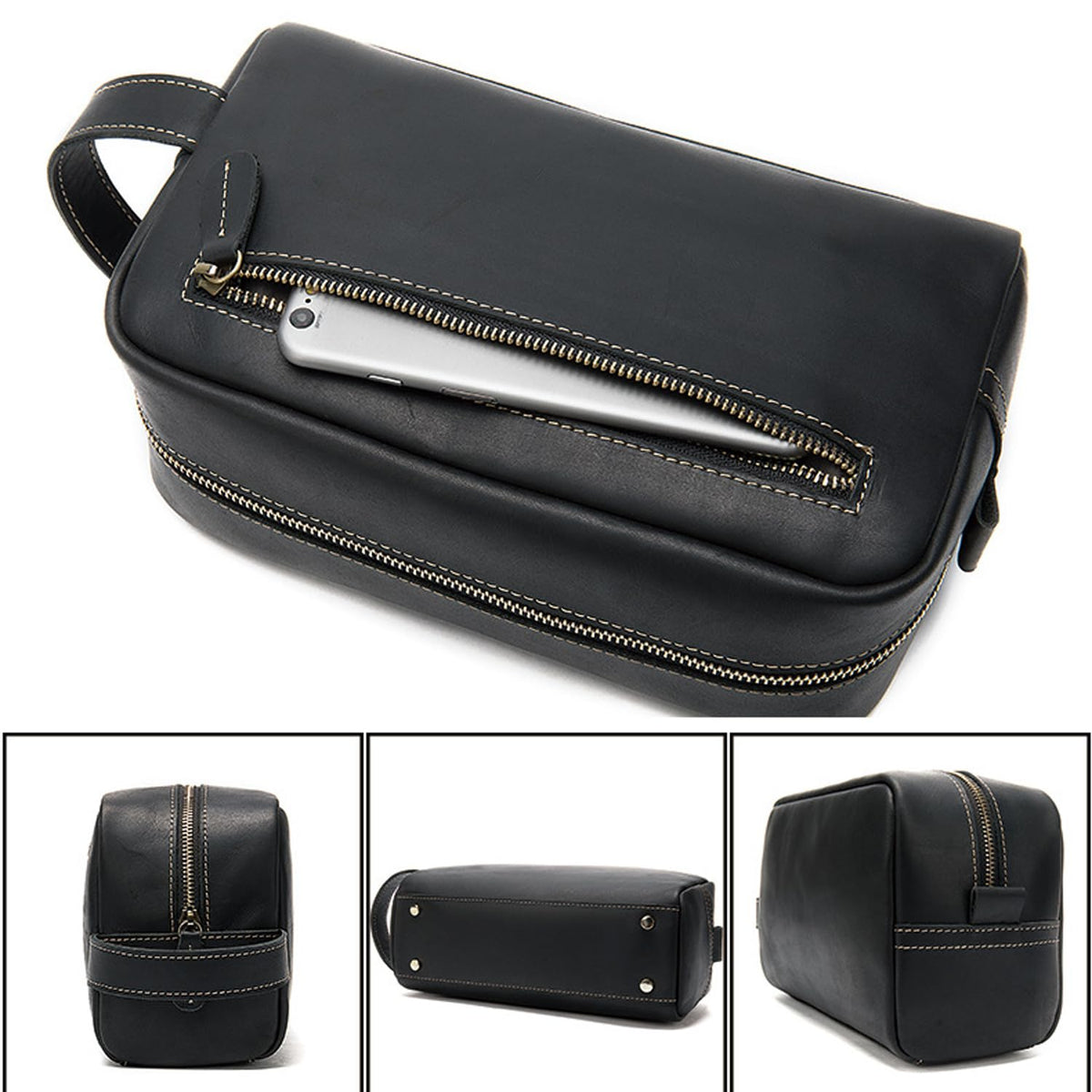 Full Grain Genuine Leather Zipped Travel Toiletry Bag for Women Men Ladies Clutch Purse Wallet Shaving Bag Cosmetic Bag Dopp Kit Wristlet Organizer Holder Wrist Bag Pack Business Handbag Black