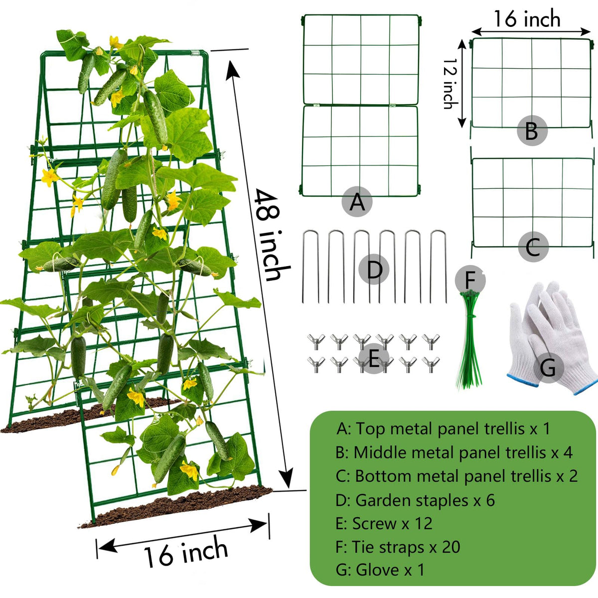 Heavy Duty Cucumber Trellis Thickened for Raised Garden Bed,48"x16" Foldable Frame Metal Vegetable Trellis for Climbing Plants Outdoor Plant Support for Grape Tomato Peas, Fruit, Vine,Bean(1 Pack)