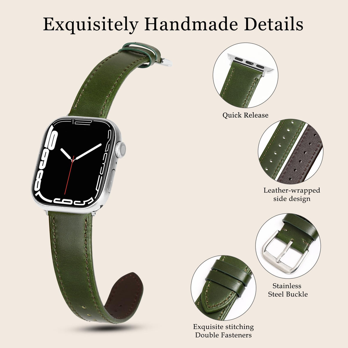 Soft Top-Grain Leather Watch Band Men Women, Compatible with All Apple Watch Series, Breathable, Sweat-Resistant iWatch Strap