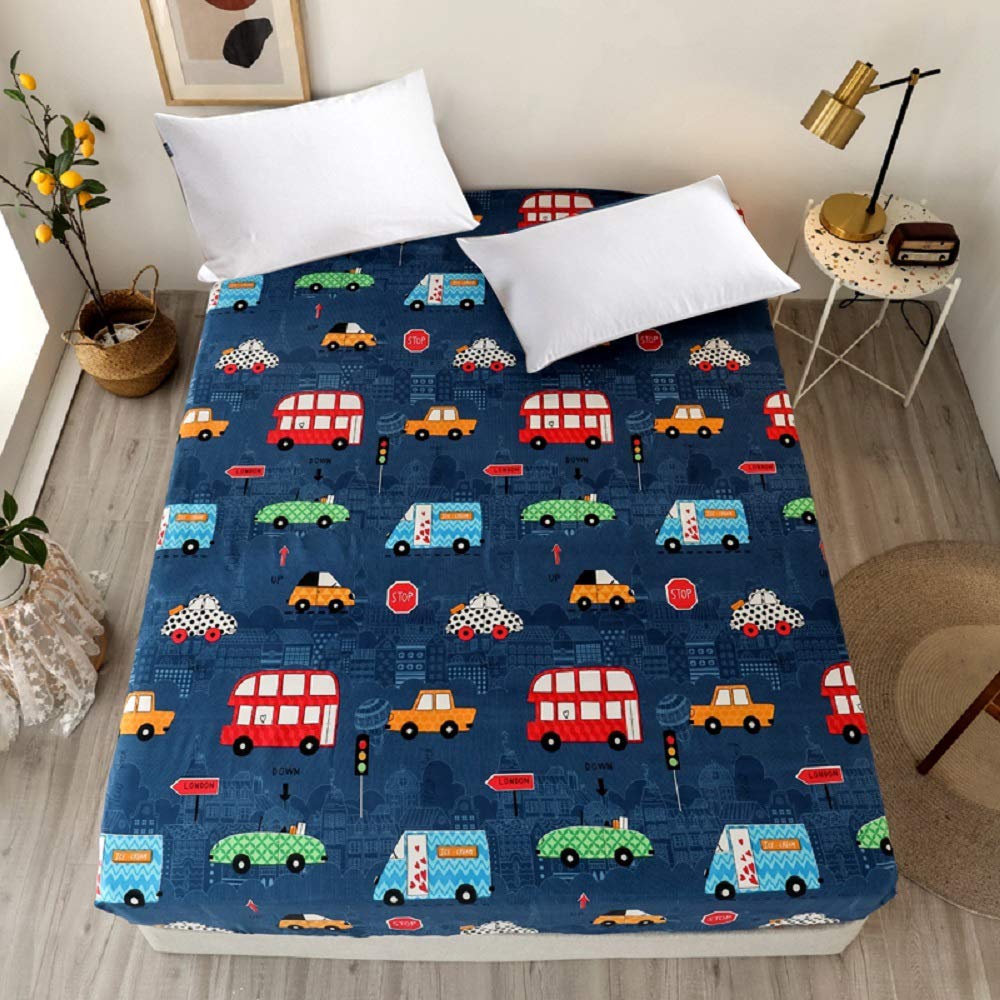 NATURETY Bedding Fitted Sheet with Deep Pocket Mattress Cover Sheets,Thicken Fabric Cars Printed Bed Sheets (Navy Blue(Cars), Twin)