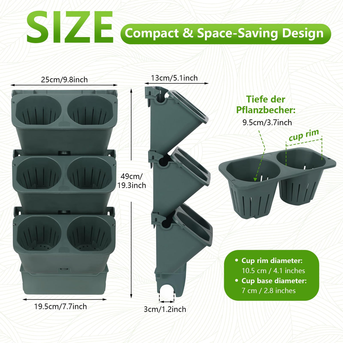 3-Tiers Vertical Wall-Mounted Planter with 6 Pots Vertical Garden Living Wall Planter Indoor Self-Watering Soil-Water Separation Stackable Plastic Planter for Herb Vegetable Flower Succulent (Green)