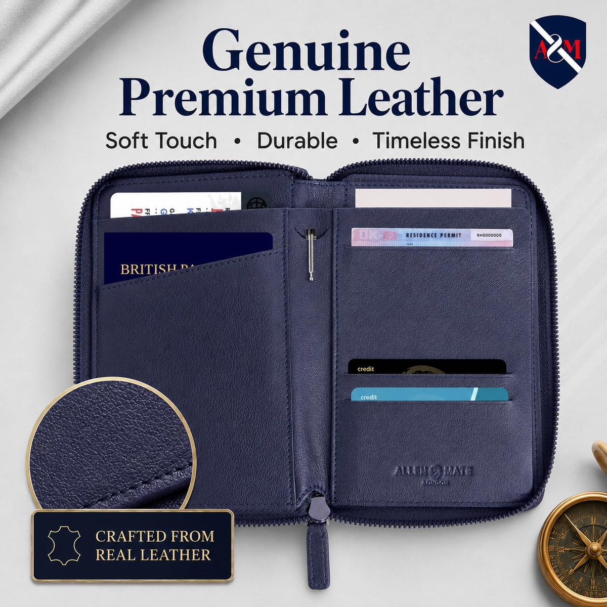 ALLEN & MATE 100% Leather Passport Holder for Travel RFID Blocking Passport Wallet for Men & Women - Zippered Compact Travel Document Organizer Fits Cash, Cards, SIM, ID and Tickets