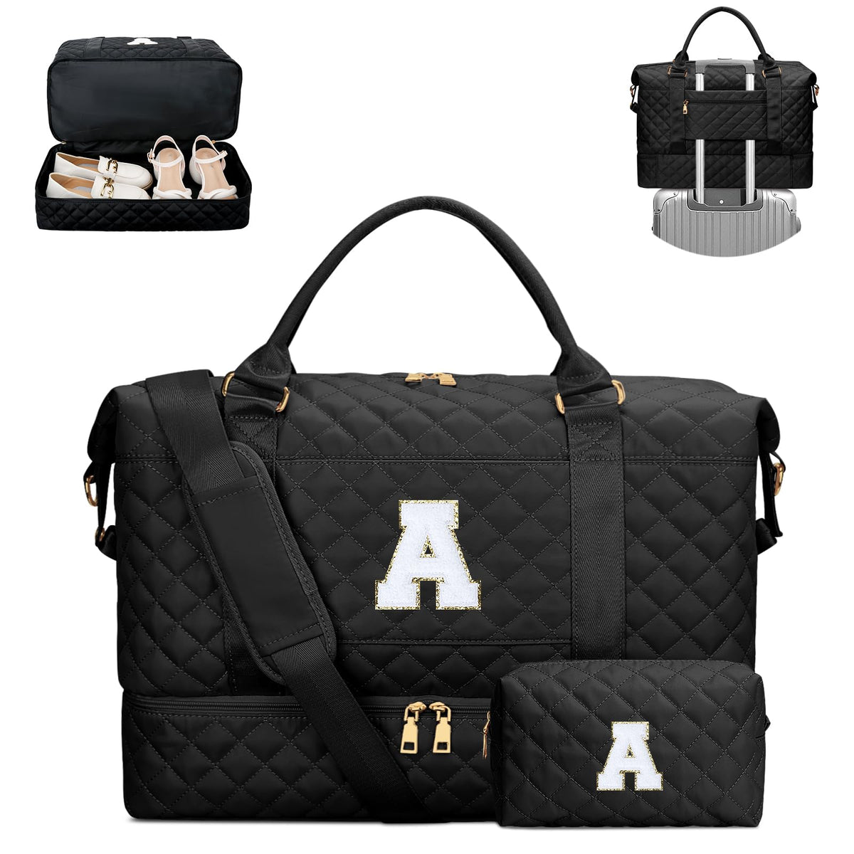 CLOUDWINGS Gifts for Women Girls Initial Travel Duffle Bag Quilted Weekender Carry-On Overnight with Cosmetic Bag, Gym Bag with Shoe Compartment, Black A