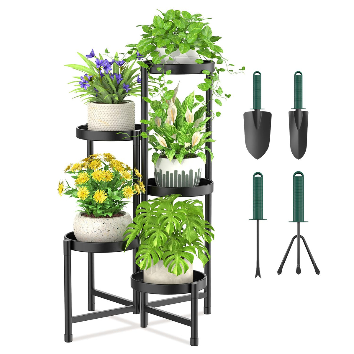 iDavosic.ly Plant Stand with Garden Tools, 5 Tier Corner Metal Flower Display Holder Shelf Indoor Outdoor, Folding Tall Orchid Rack for Patio Balcony Porch Living Room House, Black