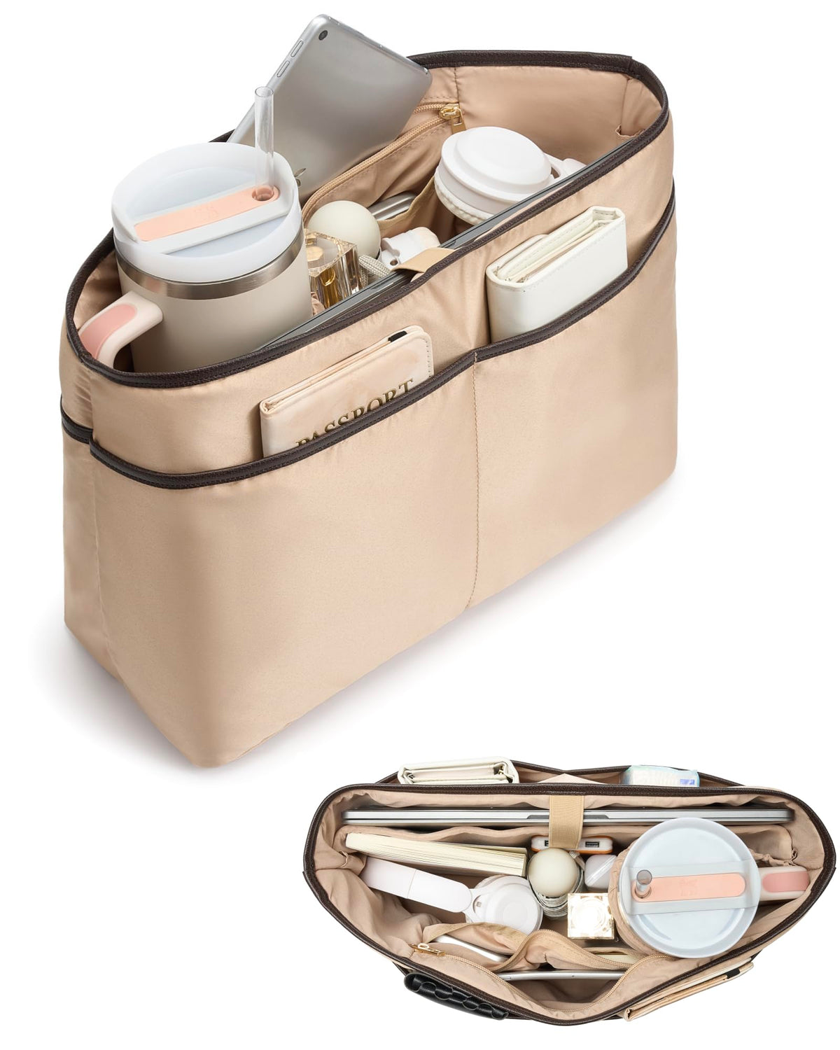 TOVICE XL Purse Organizer Insert for Tote Bag with 40oz Cup Holder & 16" Laptop Sleeve - Satin Bag Organizer with 10 Pockets, Light Weight,Compatible with Neverfull GM, XL Tote Bag Organizer Insert