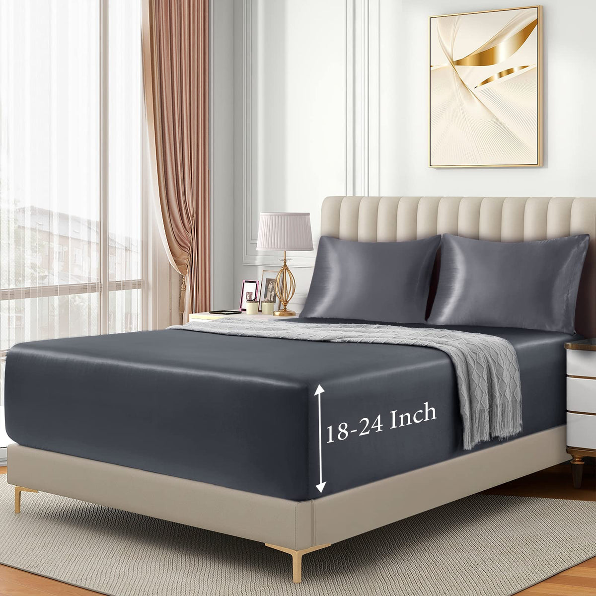 VACVELT 3pcs Extra Deep Pocket Satin Fitted Sheet Set King Bed Set, Grey Bottom Sheet Fit 18-24 Inch Deep Pocket Mattress, Silky Bedding Set Soft & Ultra Deep Fitted Sheet & 2 Pillowcase