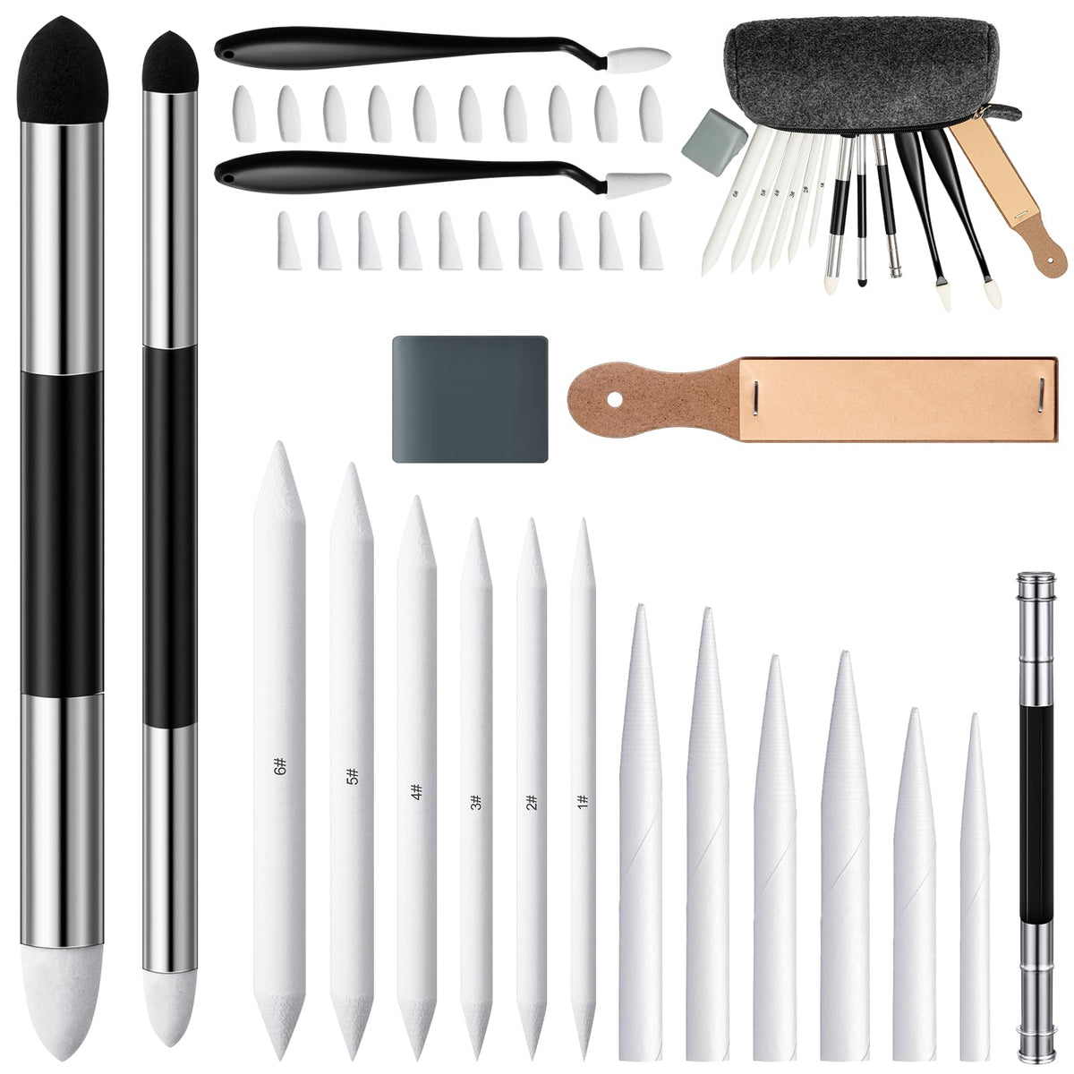 AmazingSpark 40 Pcs Blending Stumps for Drawing Set Sketch Drawing Tools Accessories with Sandpaper Pencil Sharpener Extension Tool Erasers, Sponge Replacement Heads & Felt Bag for Charcoal Sketch