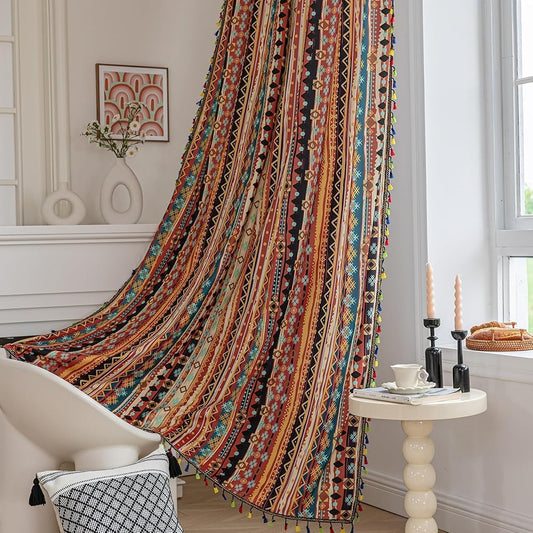 Erbnaryx Boho Curtains Geometric Light Filtering Semi-Blackout Window Curtains 84 Inches Long Rod Pocket Drapes for Living Room 2 Panels-Vintage Red