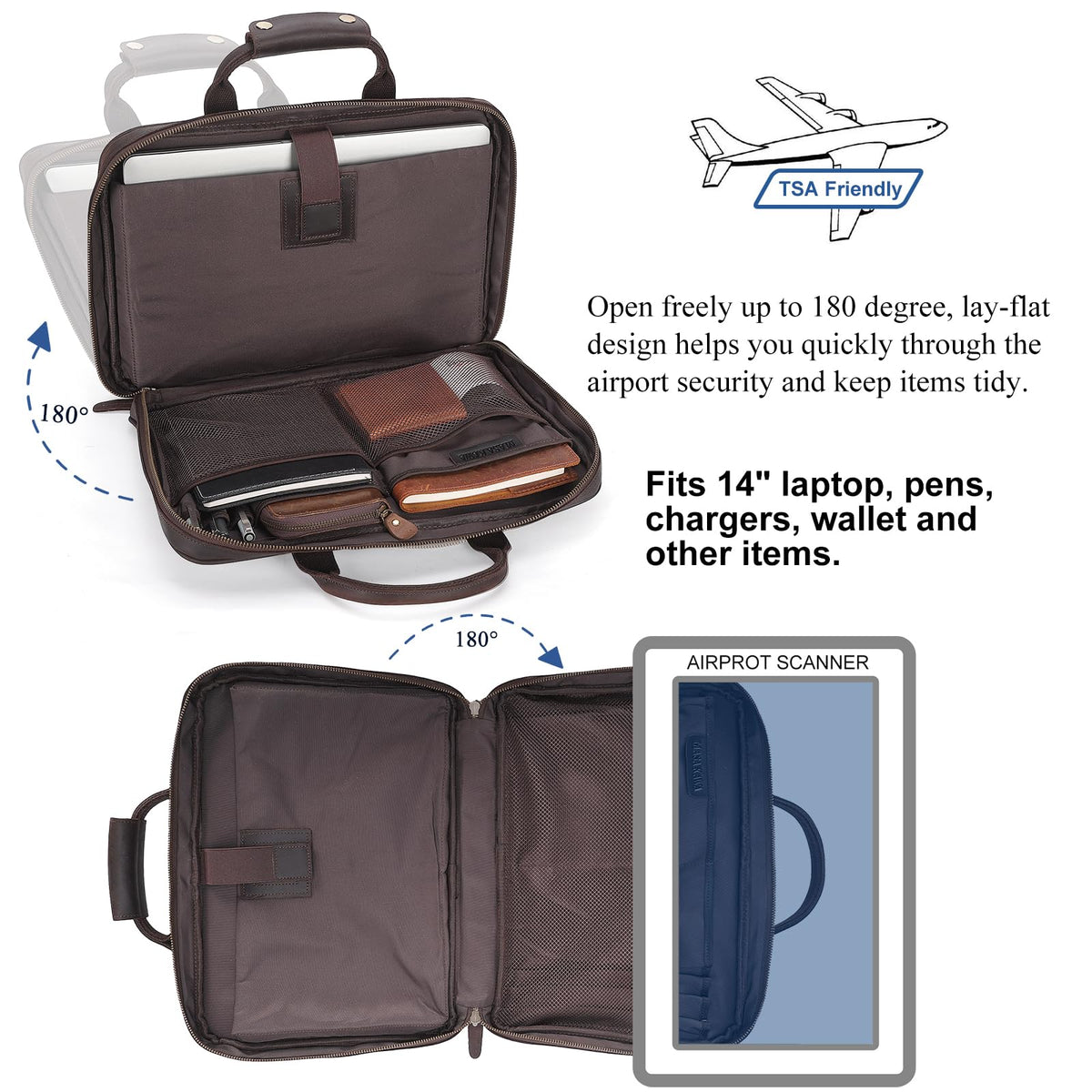 Masa Kawa Leather Slim Briefcase for Men Fits 14" Laptop, Crossbody Shoulder Messenger Computer Bag Vintage Business Work Lawyer Attache Case