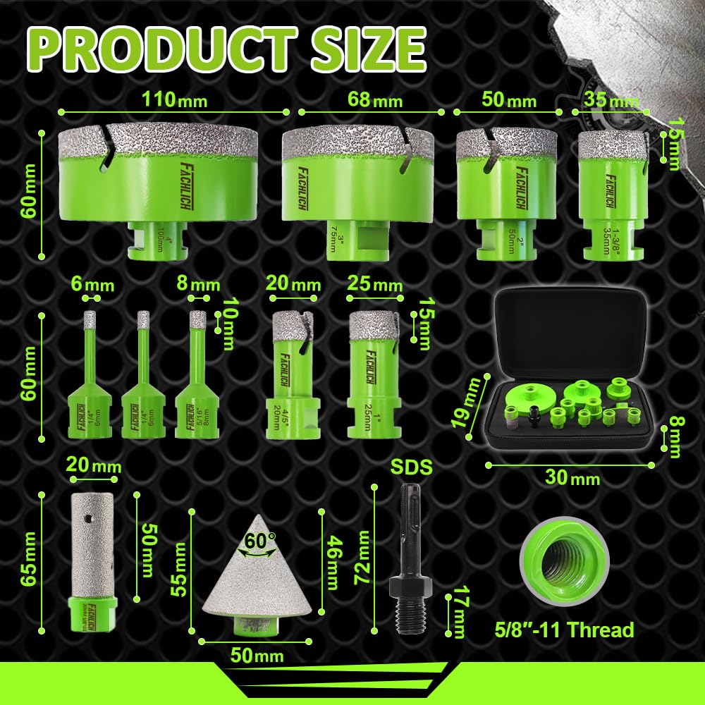 FACHLICH Tile Hole Saw Kit - 12pcs Diamond Core Drill Bits Set 1/4" 5/16" 4/5" 1" 1-3/8" 2" 3" 4" with 4/5" Finger Bit 2" Beveling Chamfer Bit for Porcelain Ceramic Granite Marble