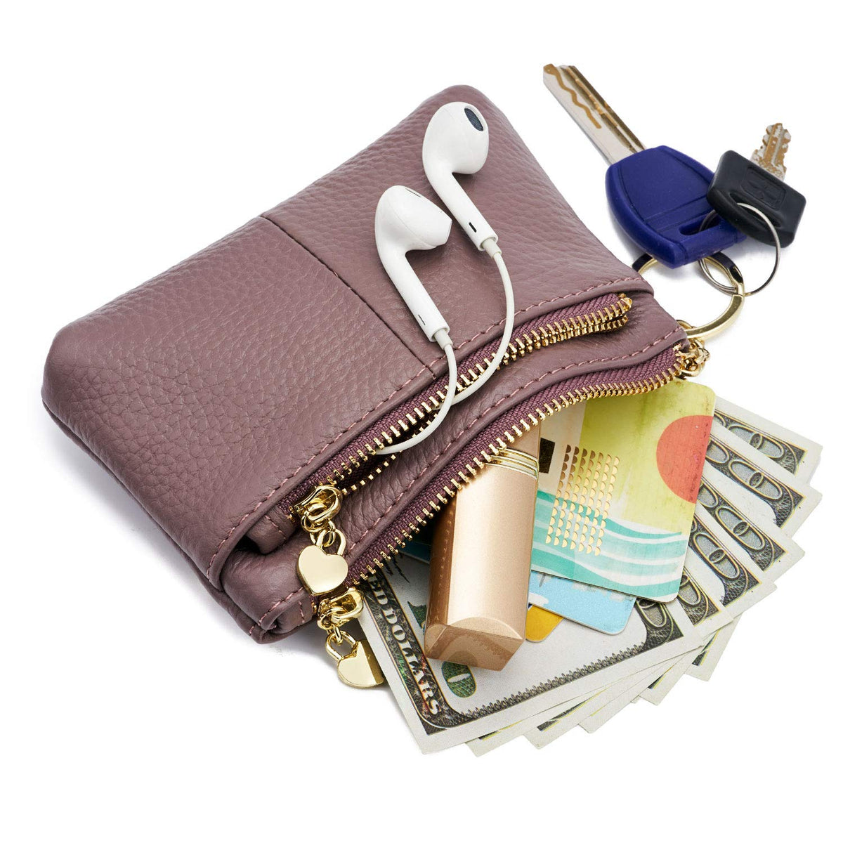 ZOOEASS Coin Purse Women Genuine Leather Zip Mini Purse With Key Ring Triple Zipper Card Holder Wallet (Purple)