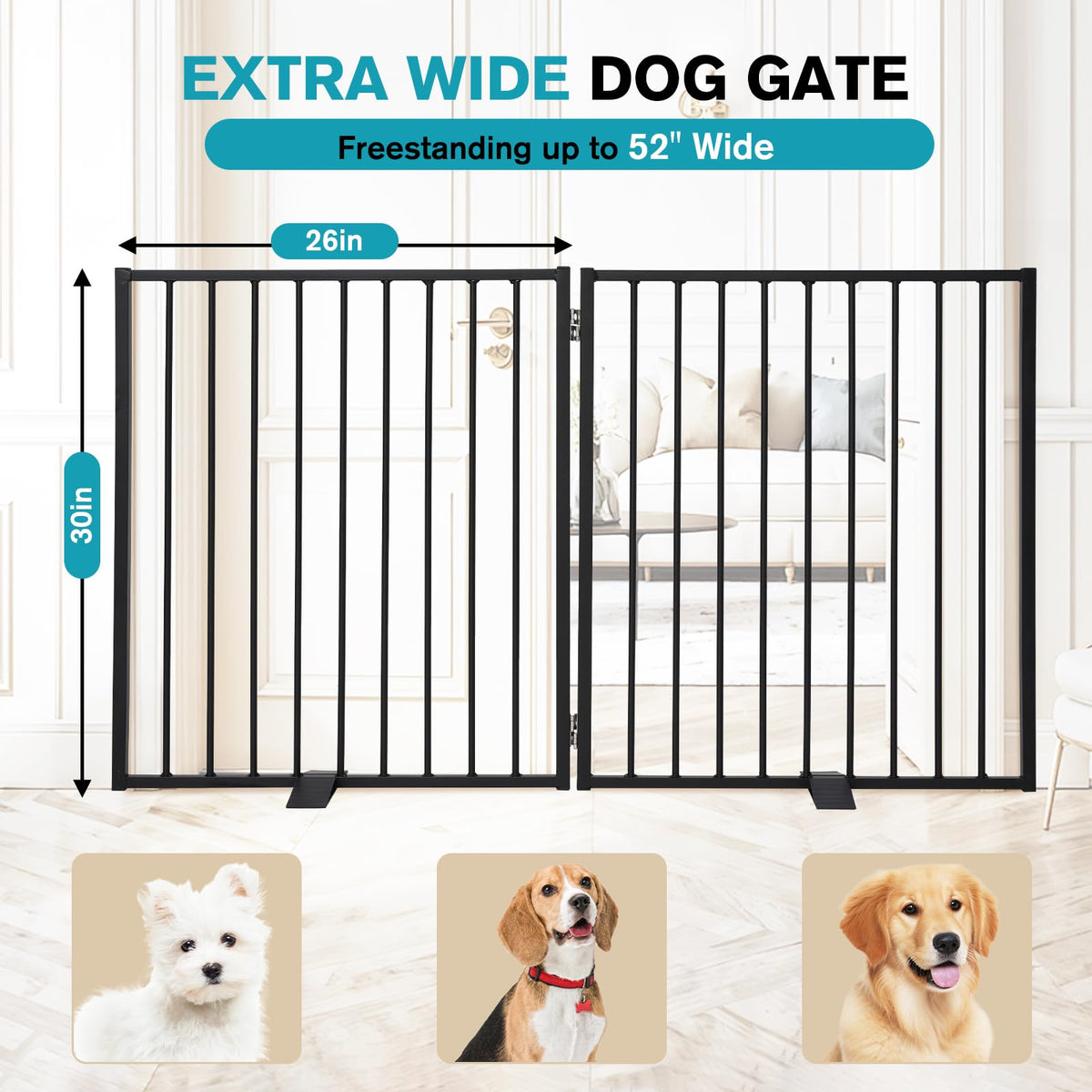 Snagle Paw Extra Wide Dog Gate,Free Standing Dog Fence with Door, Up to 52 Inch Wide Pet Gate with Support Feet for Stairs, Hallways, Doorways, Yard (Black, 2 Panels)
