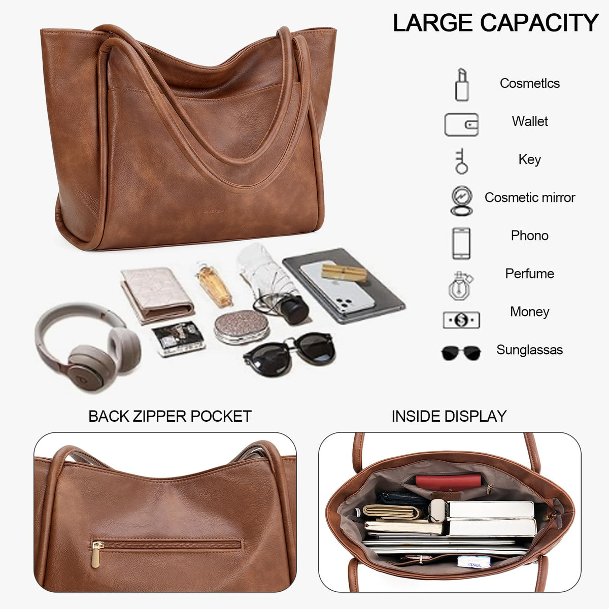 GAEKEAO Tote Bag for Women Work with Zipper Vegan Leather Ladies Travel Shoulder Bags Purses and Handbags Casual Weekender