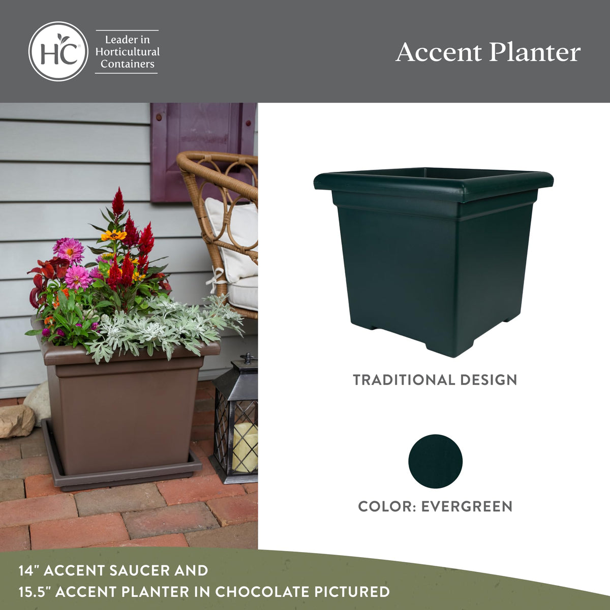 The HC Companies Accent Square Plant Pot w/Drainage - Classic Planters for Outdoor Plants & Indoor Plants - Lightweight & UV-Resistant Square Planter Box (15.5”, Evergreen, Pack of 1)