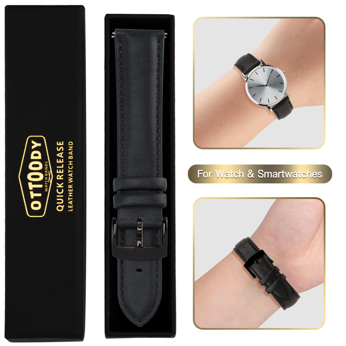 OTTOODY Leather Watch Bands Strap Quick Release, Elegant & Soft Top Grain Genuine Leather Watch band for Men Women, 22mm 21mm 20mm 18mm 16mm Replacement Straps for Watch & Smartwatch, Black Buckle