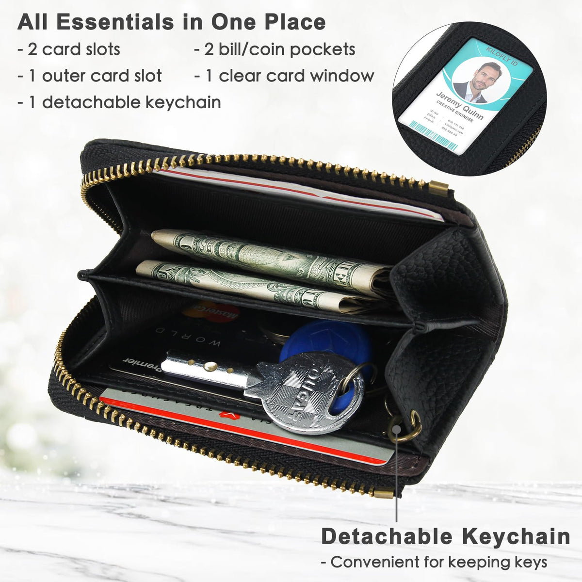 kilofly Genuine Leather Card Slot ID Holder Wallet + Keychain Cable Organizer