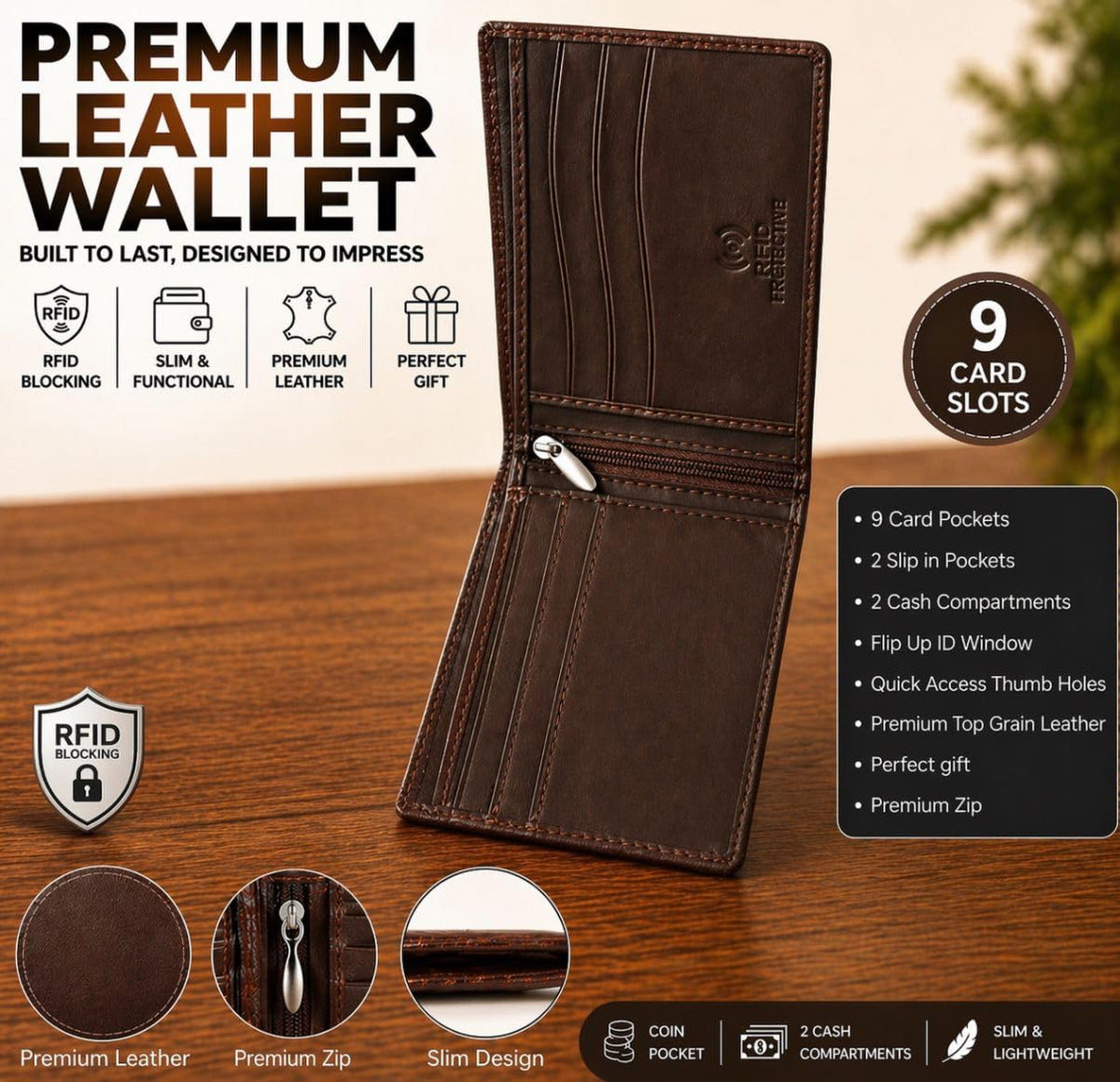 Beaaric Men’s Leather Wallet RFID Blocking Slim Bifold Wallet for Men with 9 Card Slots, 1 ID Window, 2 Hidden Pockets, Zip Coin Pocket & 2 Cash Compartments Stylish Brown Crocodile Pattern