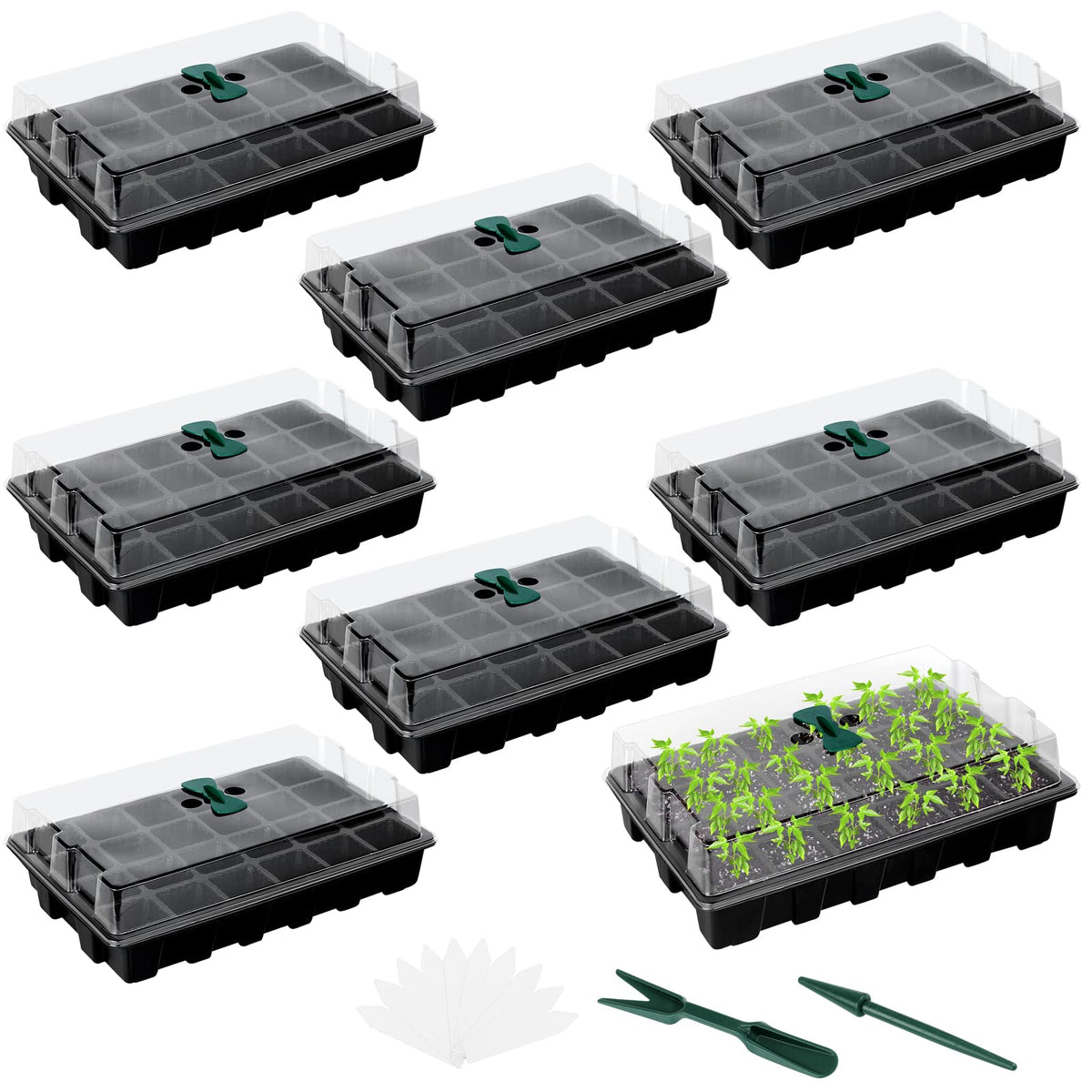Elcoho 8 Pack 192 Cells Seed Starter Tray Kit Seedling Tray Propagator Plant Grow Tray with Humidity Dome and Base Plastic Planter for Greenhouse Germination Starter, 24 Cells per Tray, Black