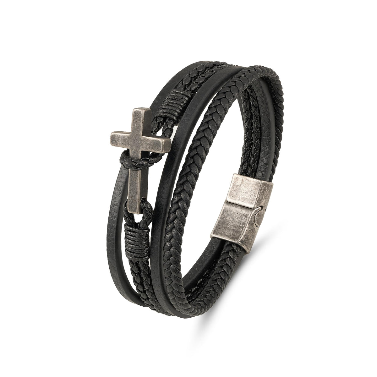 Mrcaois Retro Black Leather Bracelet Men, Vintage Cross Charm Bracelets - Genuine Leather Woven Strap for Graduation - Black, 8.3 Inch