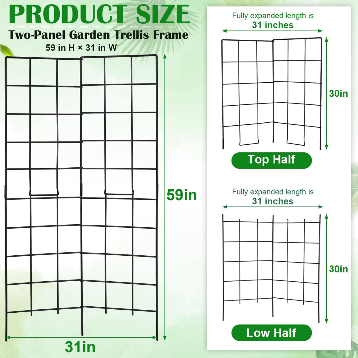 59" H x 31" L Foldable Garden Support Frame, Two Panel Metal Trellis Frame for Raised Beds, Outdoor Support Frame for Garden Beds, Yards
