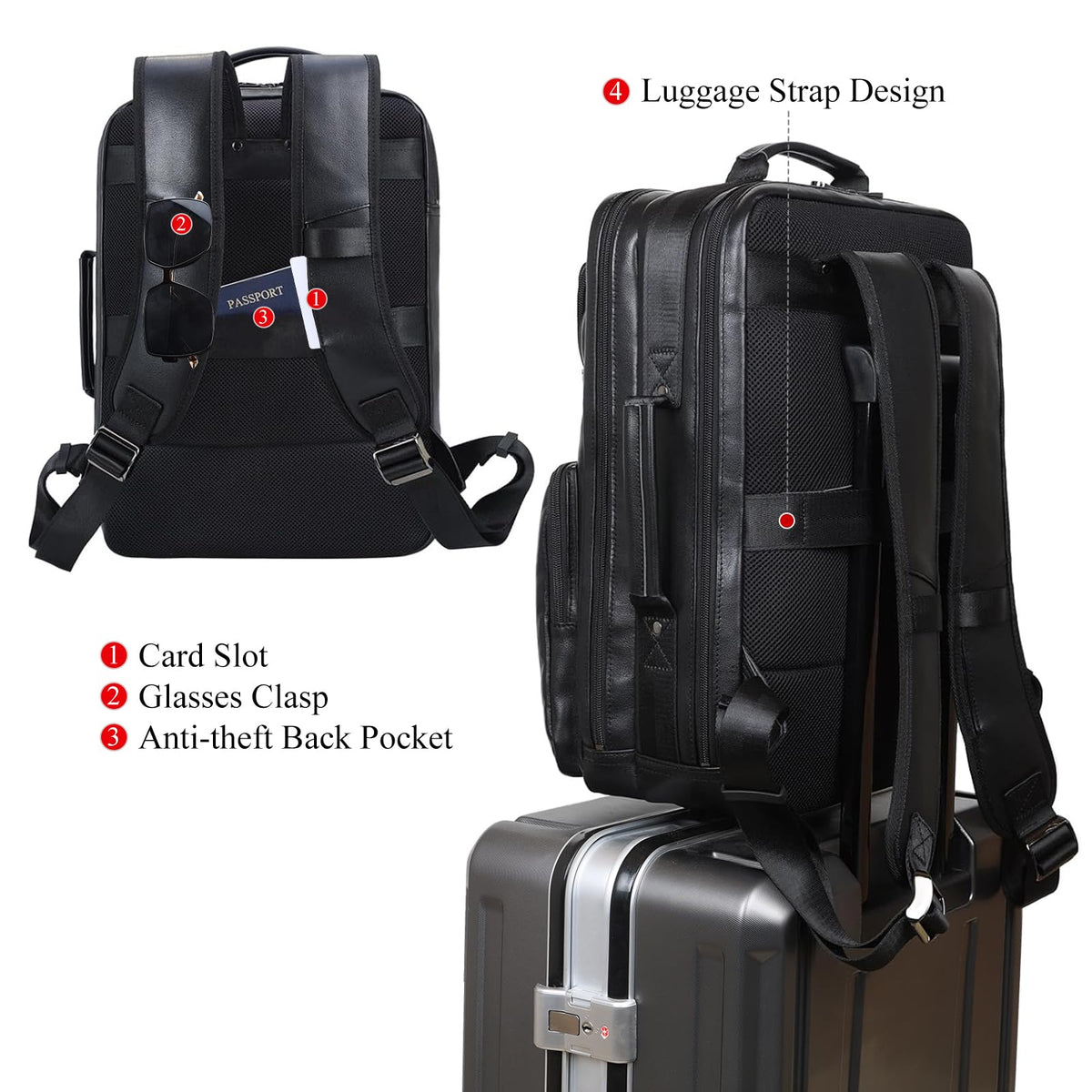 TIDING 17.3" Leather Laptop Backpack for Men Multi Pockets Casual Daypack Business Travel Rucksack, Black