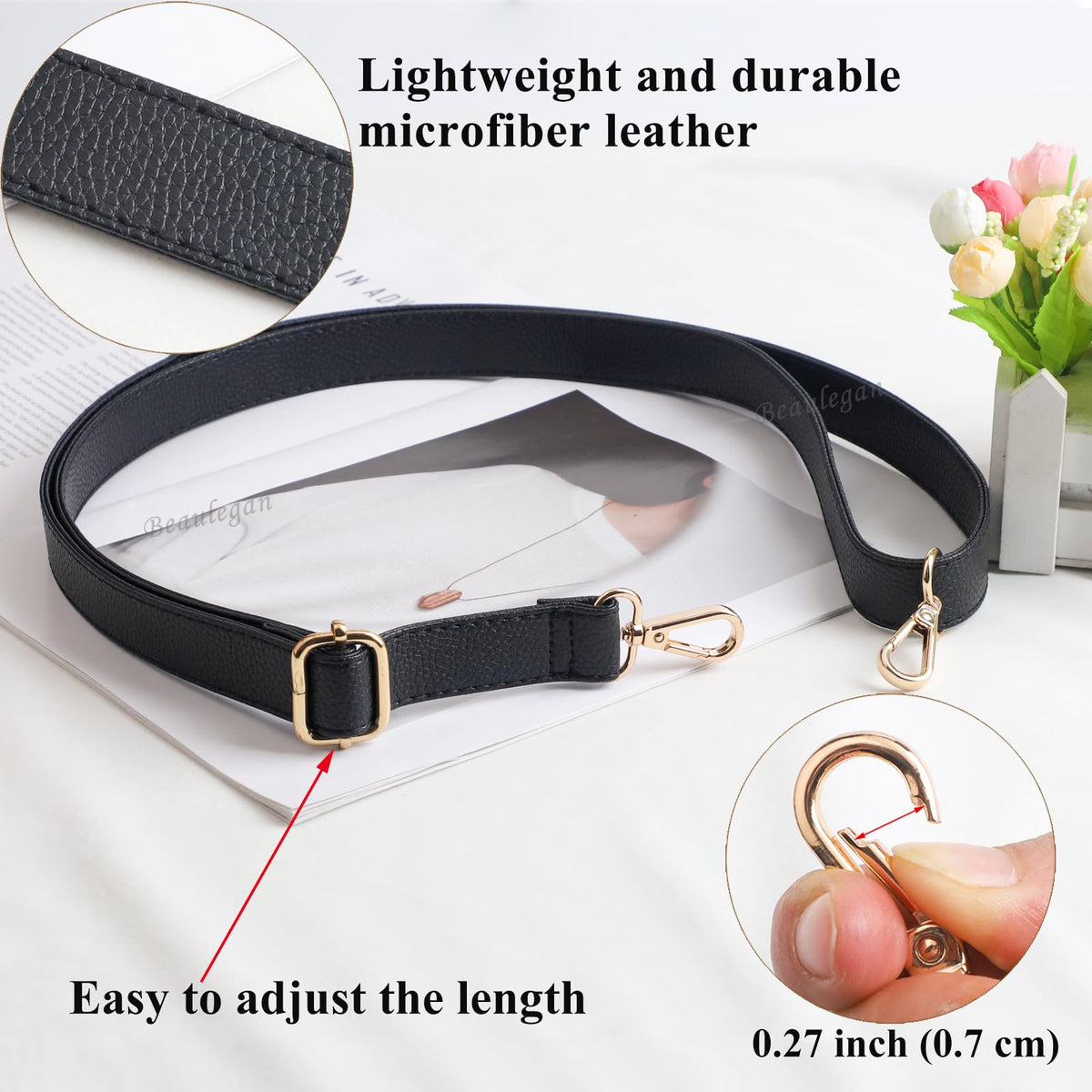 BEAULEGAN Purse Strap Replacement - Full Grain Microfiber Leather - 59 Inch Long Adjustable for Crossbody Shoulder Bag - 0.7 Inch Wide, Black/Gunmetal