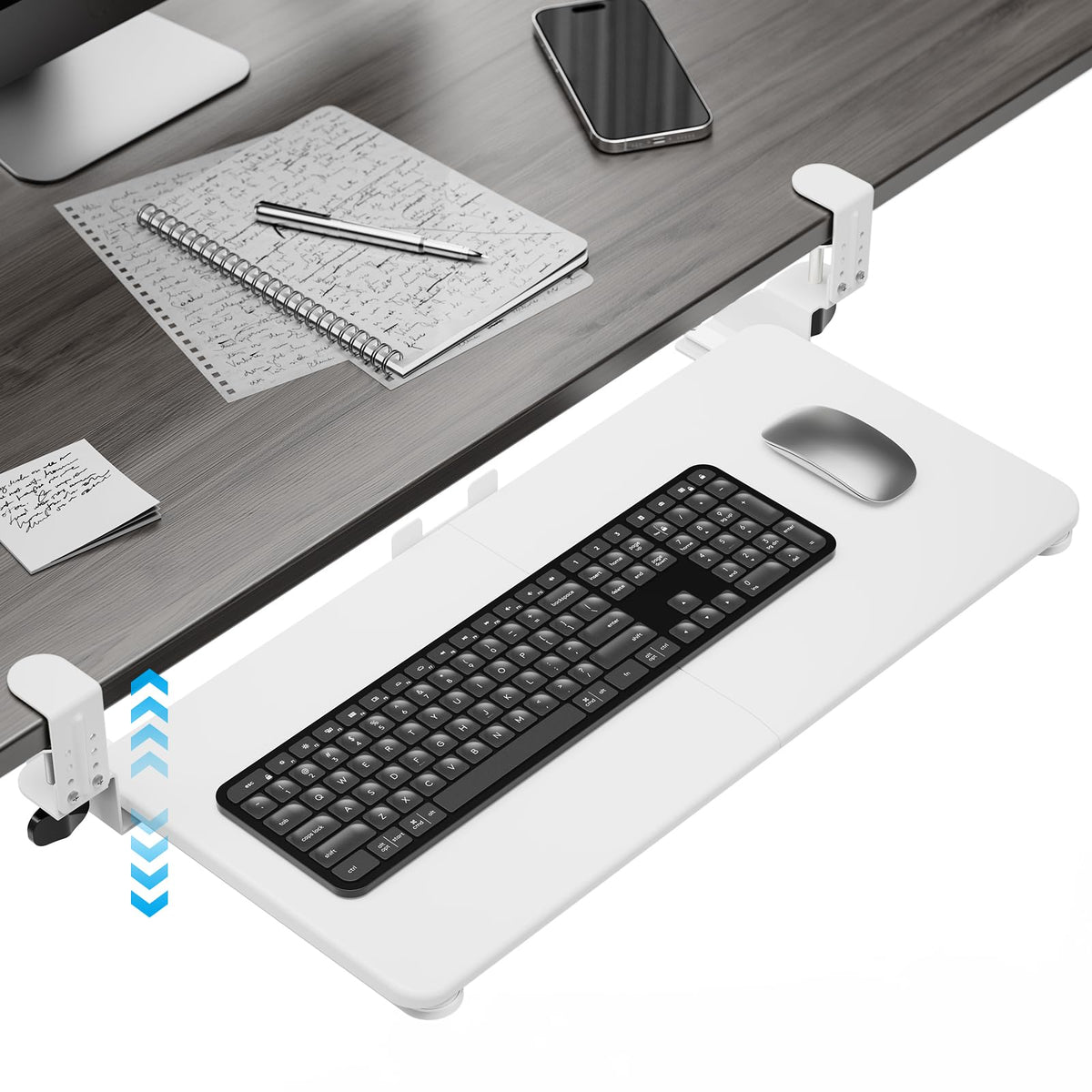 Keyboard Tray Under Desk, Pull Out Keyboard & Mouse Tray with Adjustable C-clamp, 25.6(31.5 Including Clamps) x 11.8 Inch Slide Out Computer Keyboard Drawer Mouse Tray for Typing,White