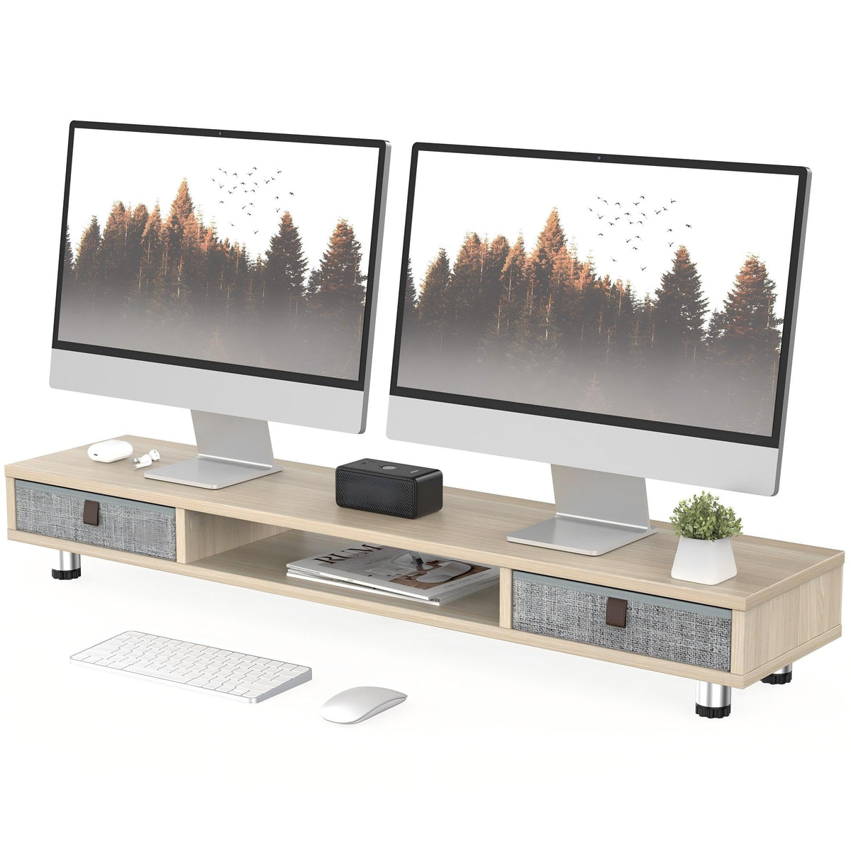 Fenge Monitor Stand, Dual Monitor Stand with 2 Drawers, Monitor Riser for 2 Monitors, Adjustable Height Computer Stand, Office Monitor Stands for Desk, Laptop, PC, TV, Printer