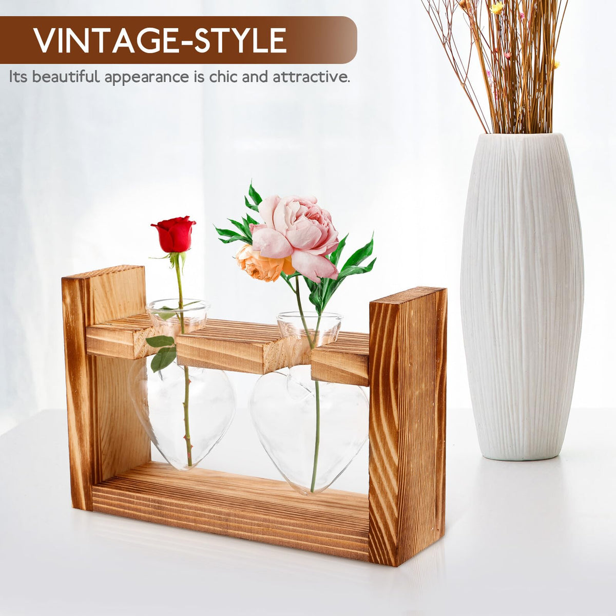 CORHAD Heart-Shaped Glass Hydroponic Vase with Wooden Frame Stand, Desktop Terrarium Planter for Indoor Plants, Tabletop Flower Pot for Home and Office Décor, 2pcs Set