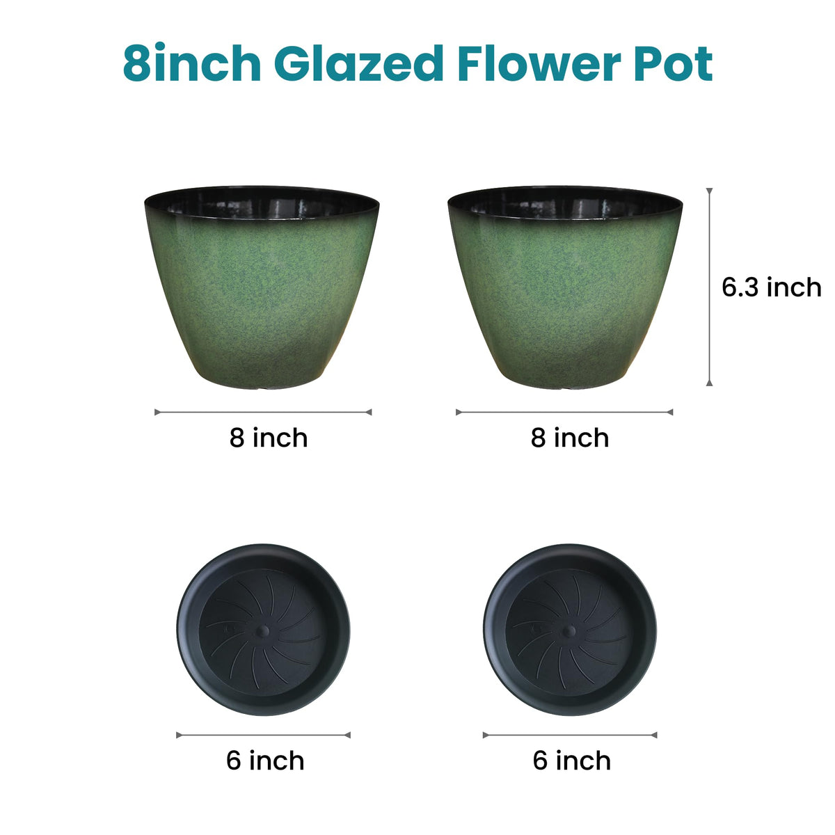 Vanslogreen 2 Pack Plant Pots for Indoor Outdoor Plants, 8 inch Plastic Flower Pots, Glazed Planter for Aloe, Herbs, Cactus (Green, 2pcs)