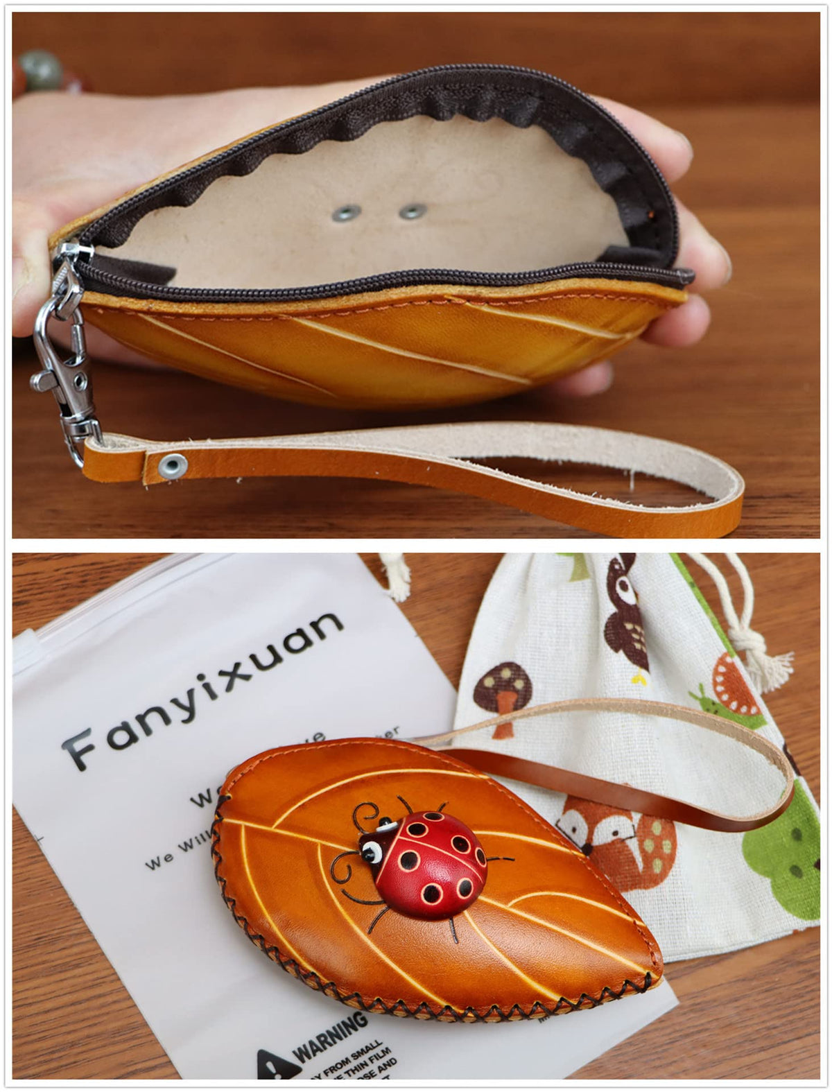 Fanyixuan Ladies Leaf Ladybug Leather Coin Purse Can Put Coin Clutch Bag Handmade Leather Creative Key Case (Yellow)
