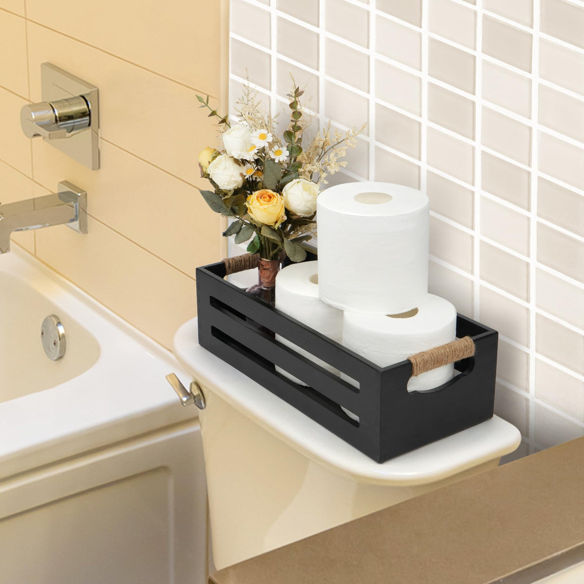 LotFancy Bathroom Decor Box, 2 Pack Toilet Tank Topper Basket, Wooden Bathroom Basket, Back of Toilet Storage Basket, Black Farmhouse Toilet Paper Holder