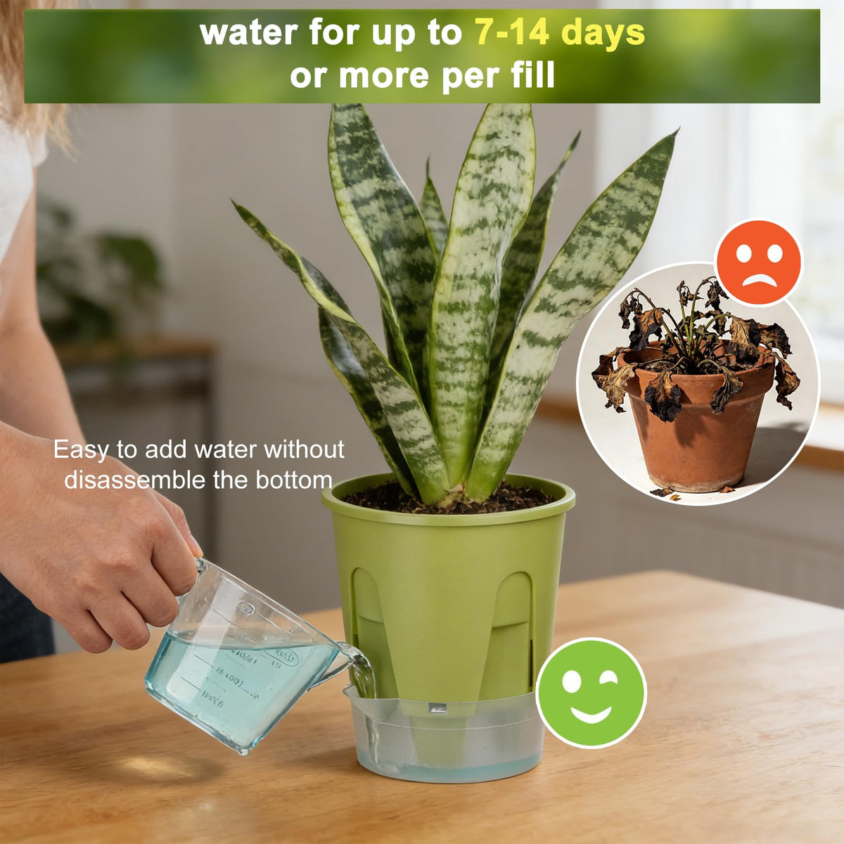 IWNTWY Plant Pots 6 inch Set of 5, Self Watering Pots for Indoor Outdoor, Upgraded Water Inlet Self Watering Planters Flower Pots with Drainage Hole and Clear Saucer Reservoir (Green)