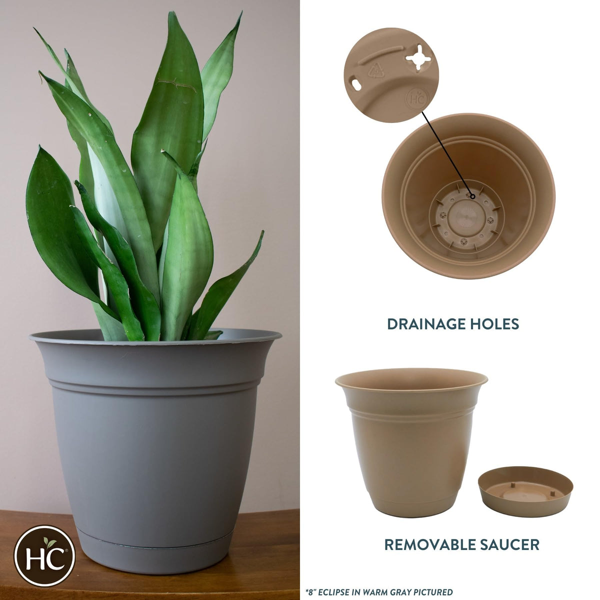 The HC Companies Eclipse Round Planter with Saucer - Outdoor & Indoor Plant Pot with Drainage Holes - Lightweight, UV-Resistant Plastic Pots for Plants, Flowers & Herbs (6" Sandstone, Pack of 1)