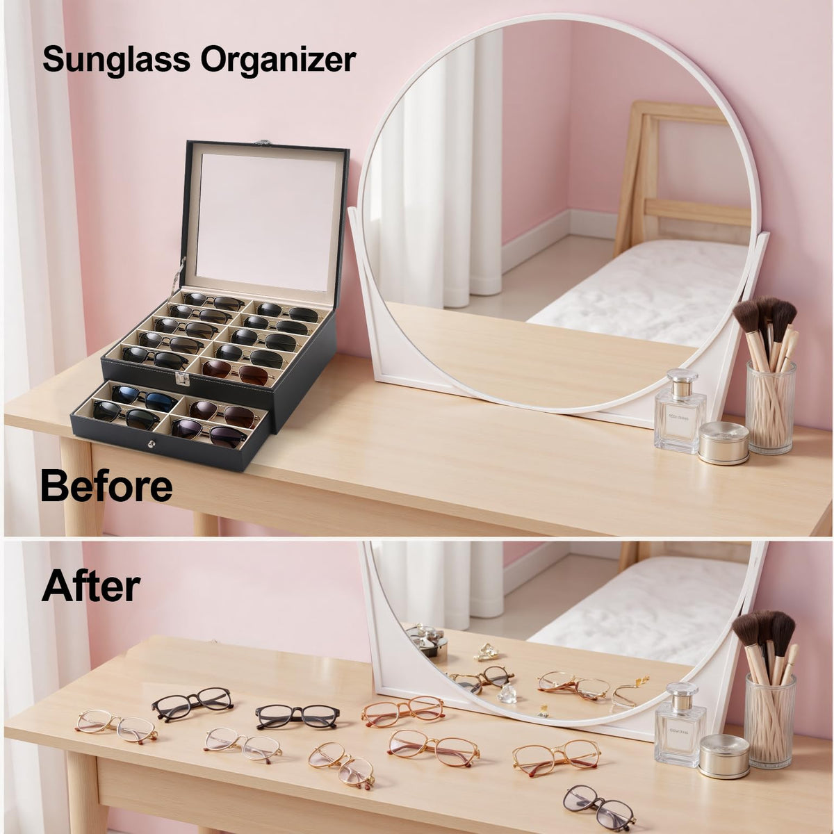 Luckybell 20 Slots PU Leather Sunglasses Organizer Jewelry Box,Multiple Pairs of Large Sunglasses Case Holder with Clear Lid