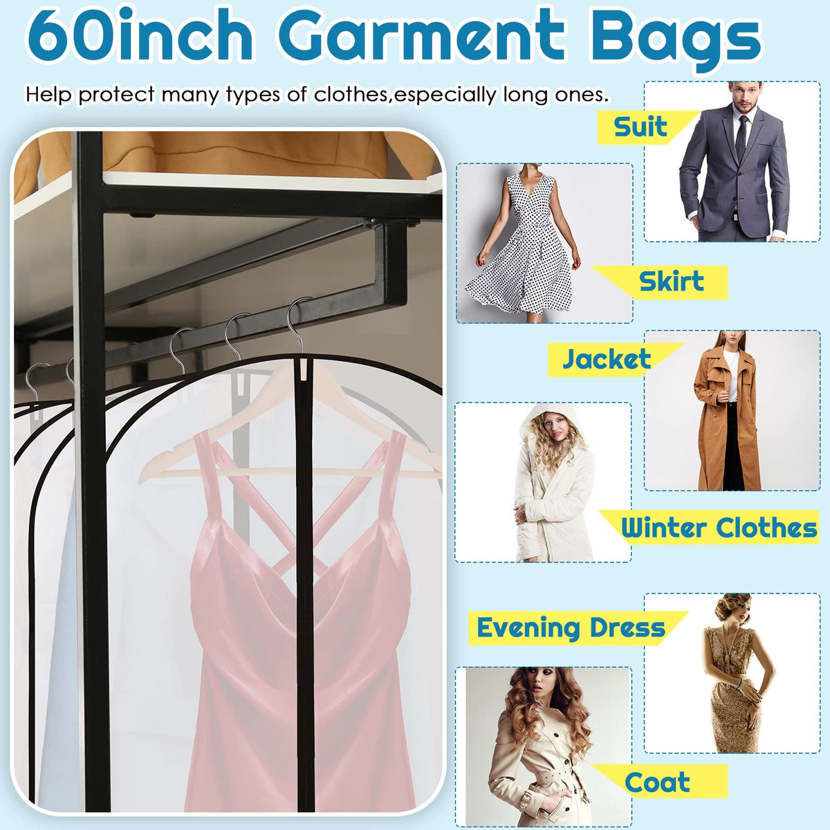 Amylove 20 Pcs 24 x 60 Inch Garment Bags Bulk Hanging Clothes Storage Covers for Closet Organization Dustproof Long Dress Bag Set for Wedding Dresses Gowns Coats Travel Suit